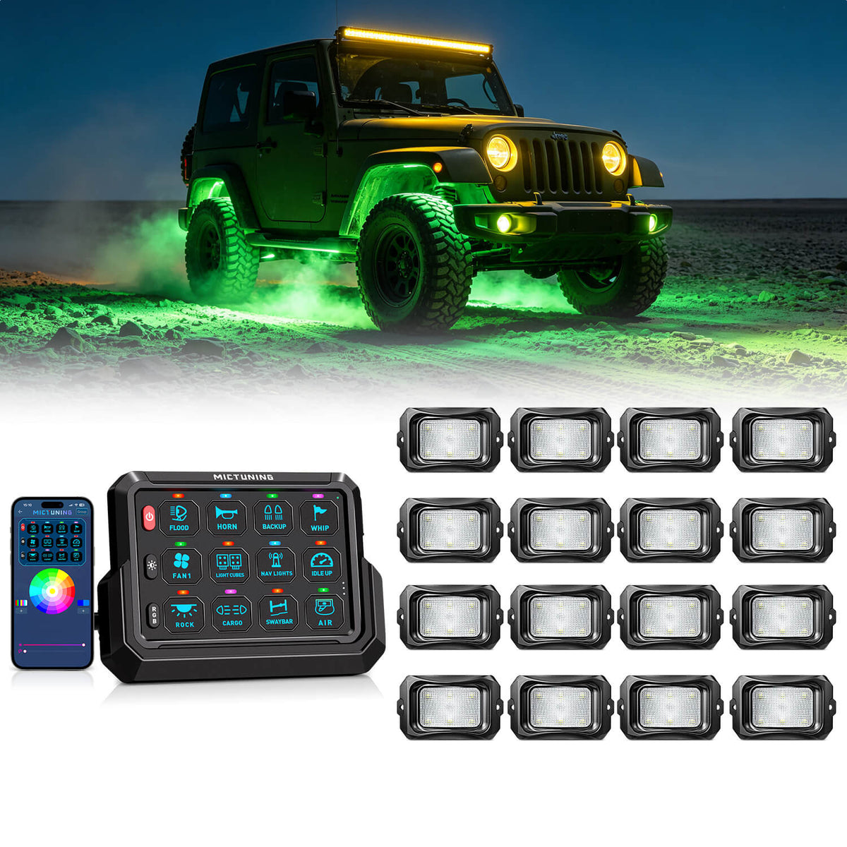 P1s-AC-APP Wireless Switch Panel with App Control, 8/12 Gang Bundle with C2 Curved RGBW LED Rock Lights - 4-16 Pods