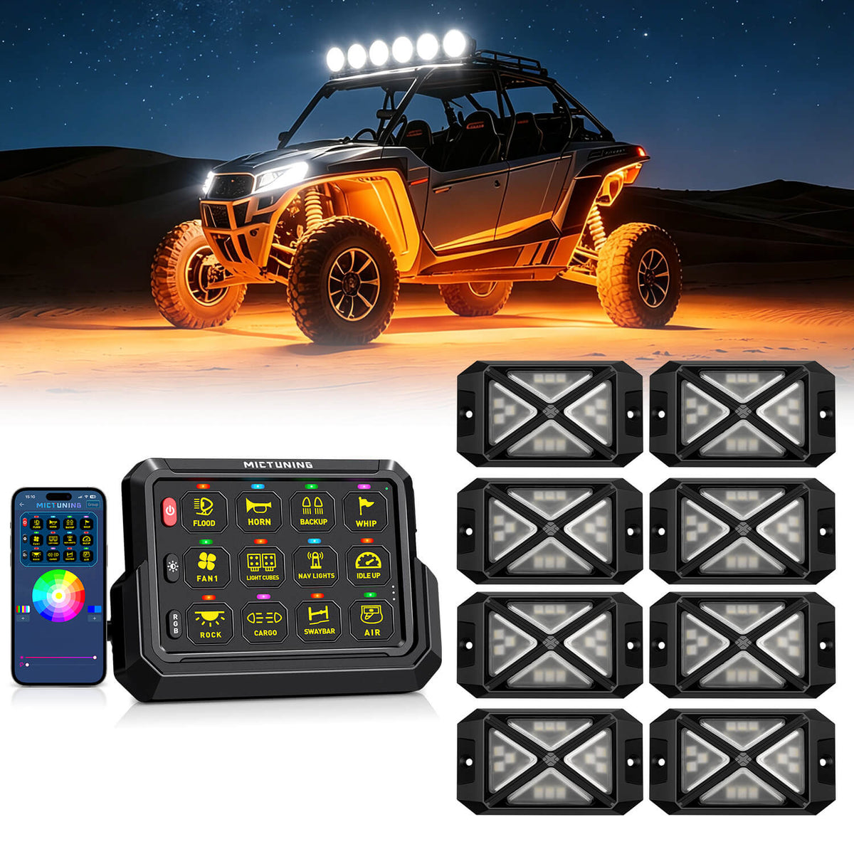 P1s-AC-APP Wireless Switch Panel with App Control, 8/12 Gang Bundle with C4 360° Ultra-bright RGBW Rock Lights, 8-16 Pods