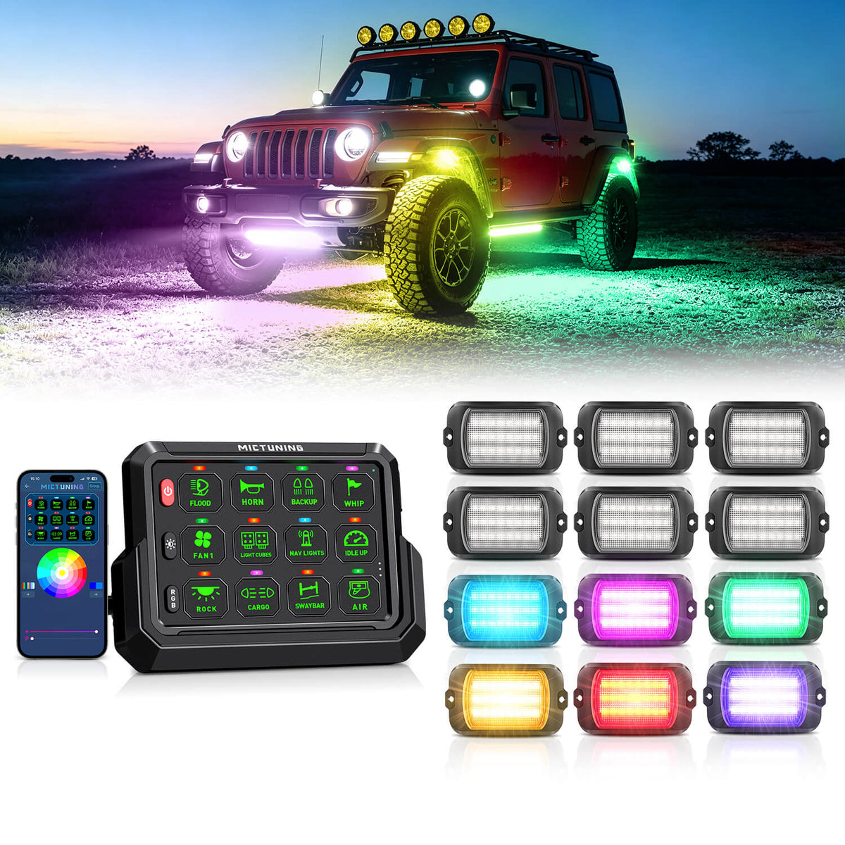 P1s-AC-APP Wireless Switch Panel with App Control, 8/12 Gang Bundle with Q1 Max RGB+IC Rock Lights Chasing Dream Color, 8-24 Pods