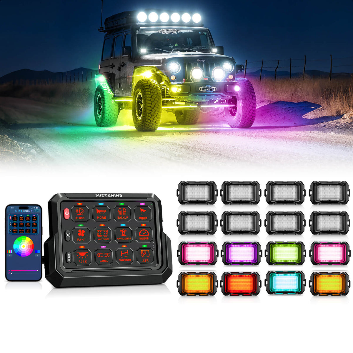 P1s-AC-APP Wireless Switch Panel with App Control, 8/12 Gang Bundle with Q2 MAX RGB+IC Rock Lights Individual Group Control, 8-16 Pods