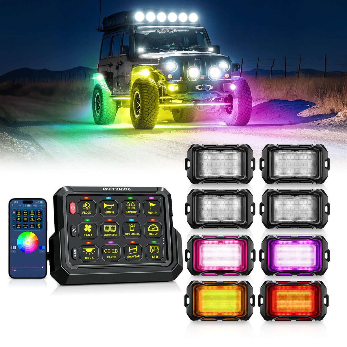 P1s-AC-APP Wireless Switch Panel with App Control, 8/12 Gang Bundle with Q2 MAX RGB+IC Rock Lights Individual Group Control, 8-16 Pods
