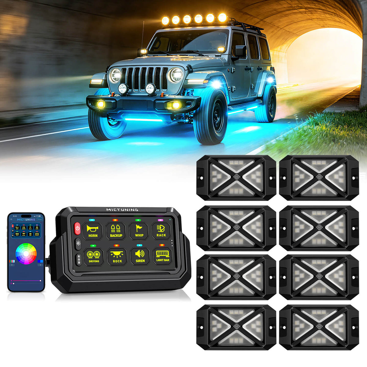 P1s-AC-APP Wireless Switch Panel with App Control, 8/12 Gang Bundle with C4 360° Ultra-bright RGBW Rock Lights, 8-16 Pods