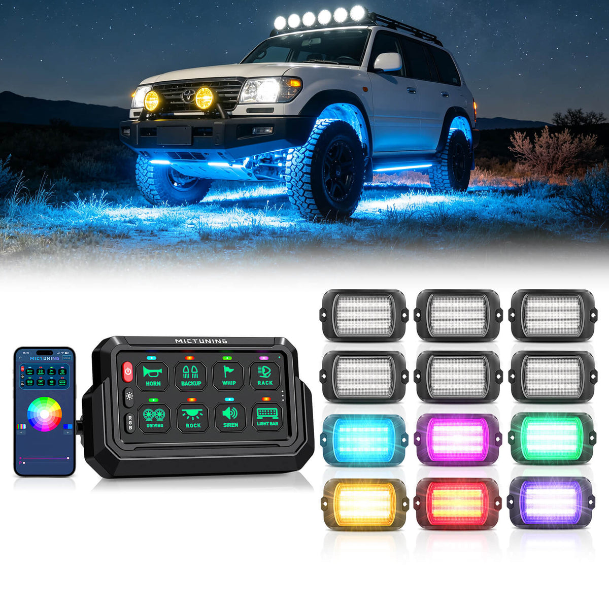 P1s-AC-APP Wireless Switch Panel with App Control, 8/12 Gang Bundle with Q1 Max RGB+IC Rock Lights Chasing Dream Color, 8-24 Pods