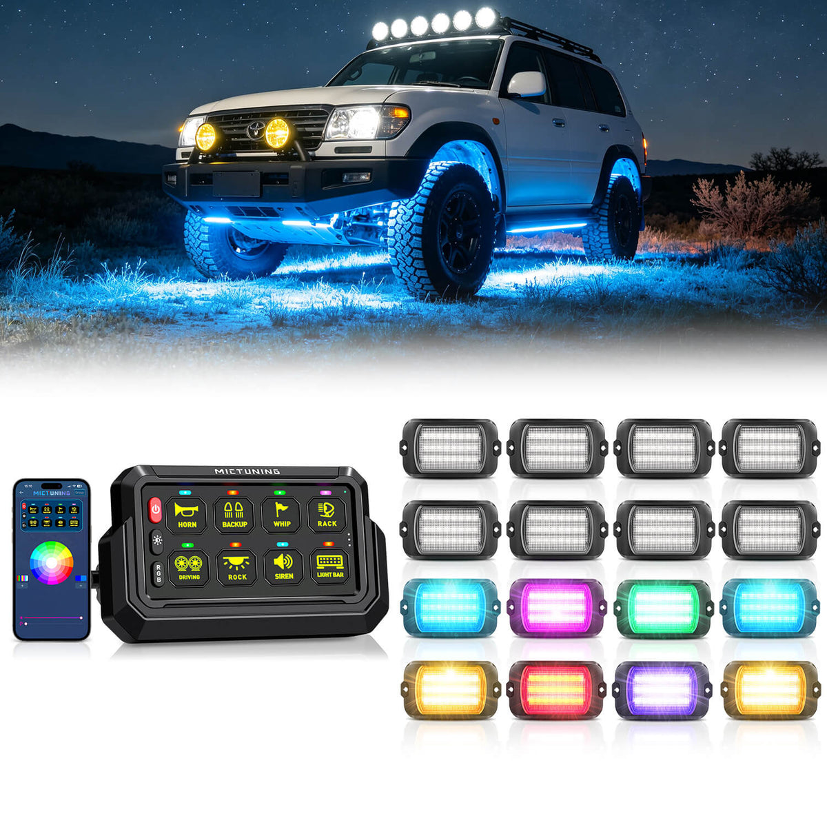 P1s-AC-APP Wireless Switch Panel with App Control, 8/12 Gang Bundle with Q1 Max RGB+IC Rock Lights Chasing Dream Color, 8-24 Pods