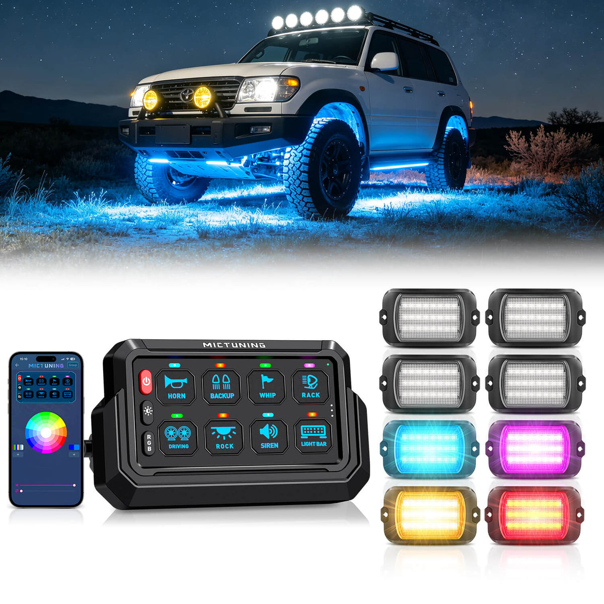 P1s-AC-APP Wireless Switch Panel with App Control, 8/12 Gang Bundle with Q1 Max RGB+IC Rock Lights Chasing Dream Color, 8-24 Pods