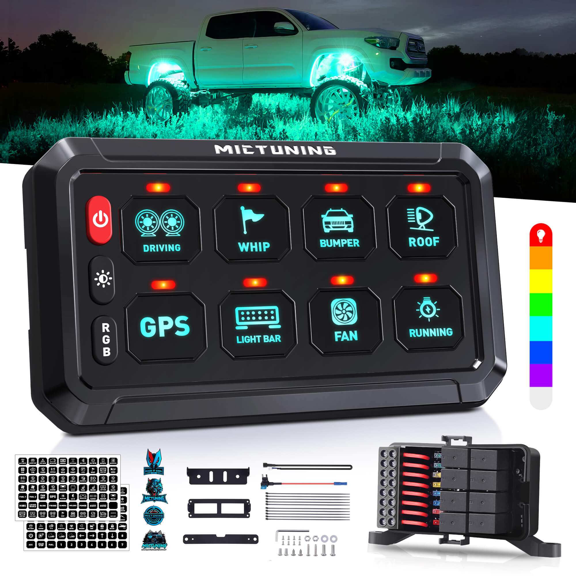 P1s-R 6 Gang/8 Gang Switch Panel, RGB Colors Adjustable Brightness, On-Off Toggle Switch Momentary Circuit Control Relay System Box