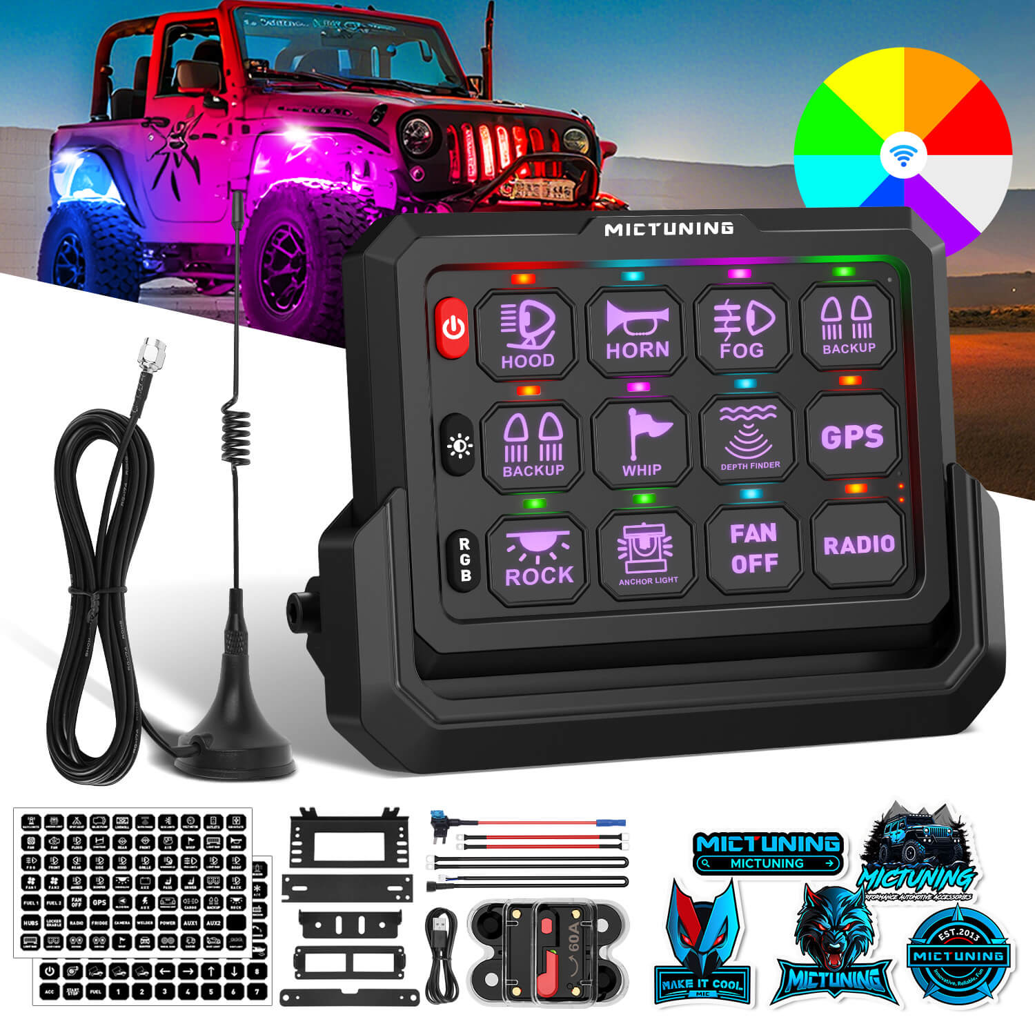 3FT/4FT W1 LED Whip Lights with Flag 10pcs Bundle with P1s-W Wireless RGB Switch Panel 8/12 Gang, Up to 328FT Range