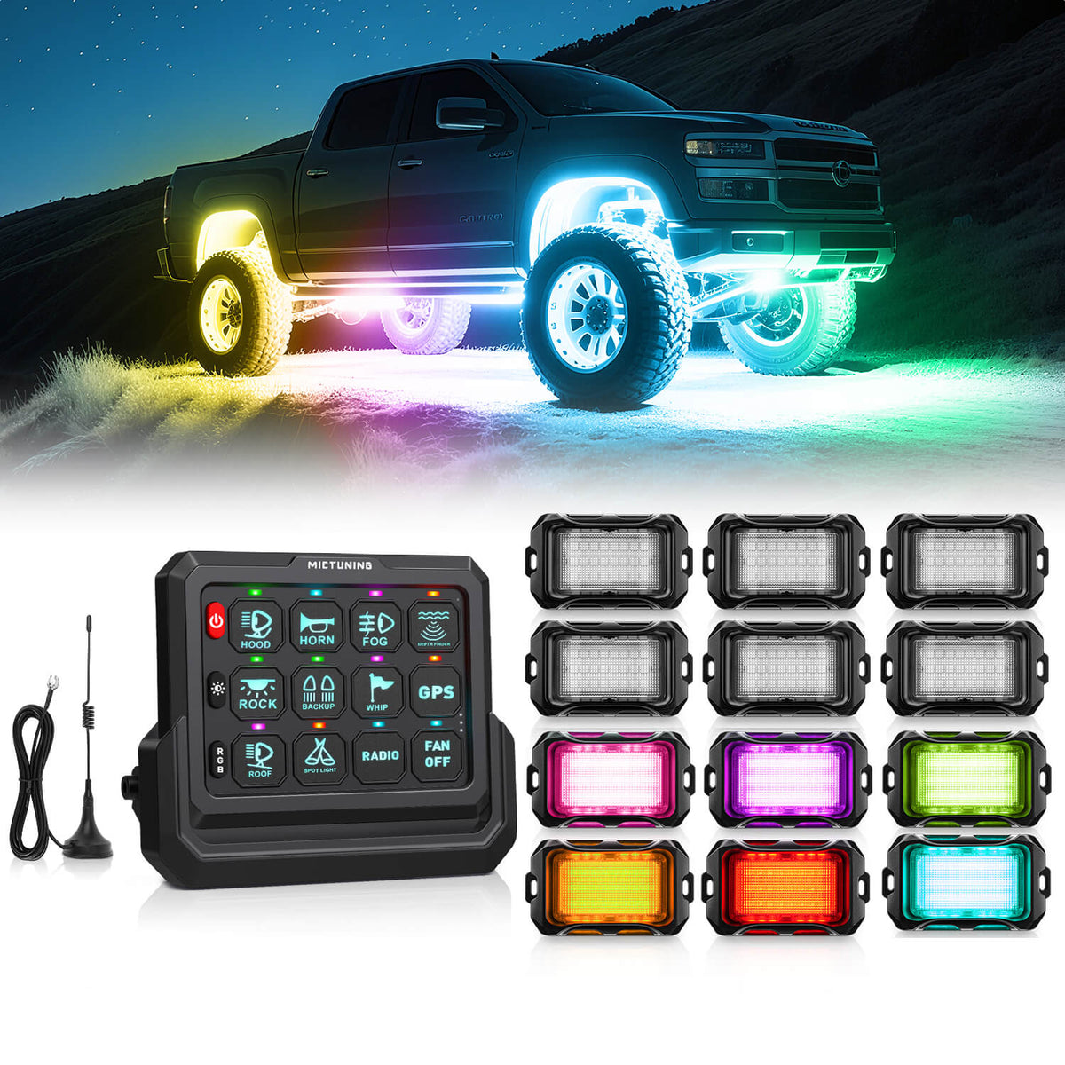 P1s-W Wireless Switch Panel Support Multi-panel Control, Up to 328FT Range, 8/12 Gang Bundle with Q2 MAX RGB+IC Rock Lights Individual Group Control, 8-16 Pods
