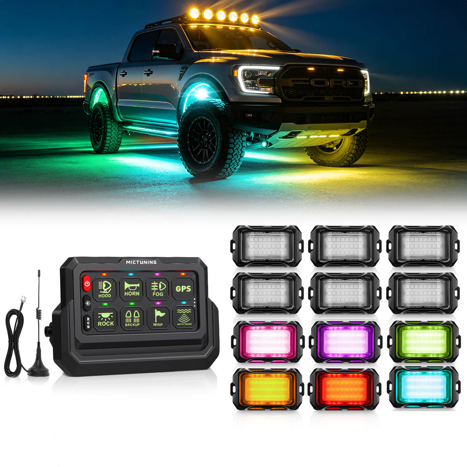 P1s-W Wireless Switch Panel Support Multi-panel Control, Up to 328FT Range, 8/12 Gang Bundle with Q2 MAX RGB+IC Rock Lights Individual Group Control, 8-16 Pods