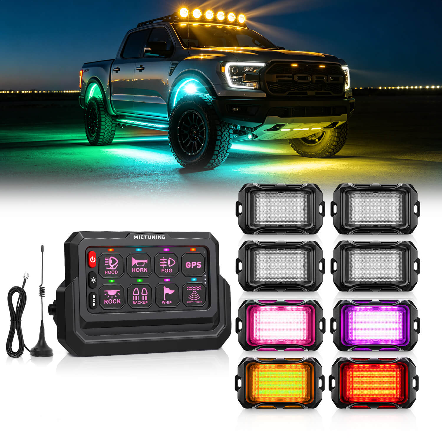 P1s-W Wireless Switch Panel Support Multi-panel Control, Up to 328FT Range, 8/12 Gang Bundle with Q2 MAX RGB+IC Rock Lights Individual Group Control, 8-16 Pods