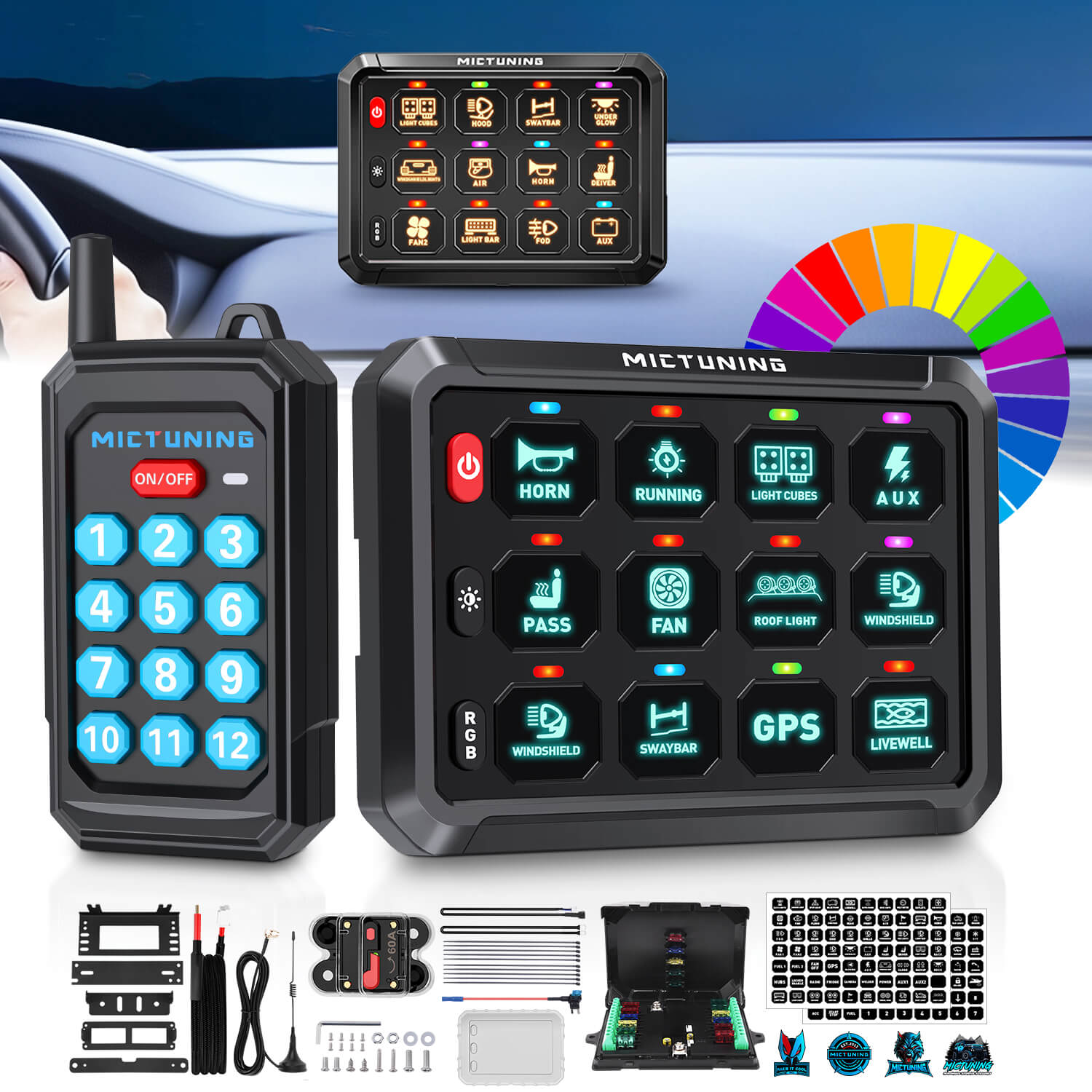 P1s RGB Switch Panel with Remote Control Range Up to 230FT, 6/8/12 Gang, Multifunction Toggle Momentary Strobe Pulsed Switch Pod w/ Silicone Cover