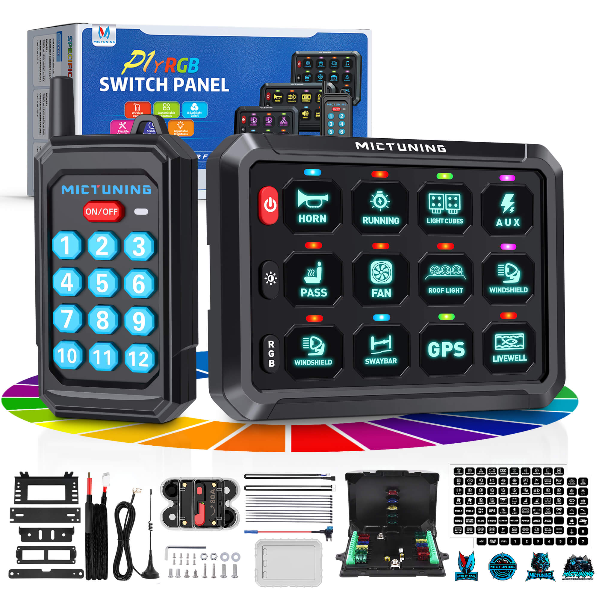 P1Y RGB Switch Panel with Remote Control Bundle with Q1 Max RGB+IC Rock Lights Kit 24LEDs/Pod Super Bright, 8-24 Pods