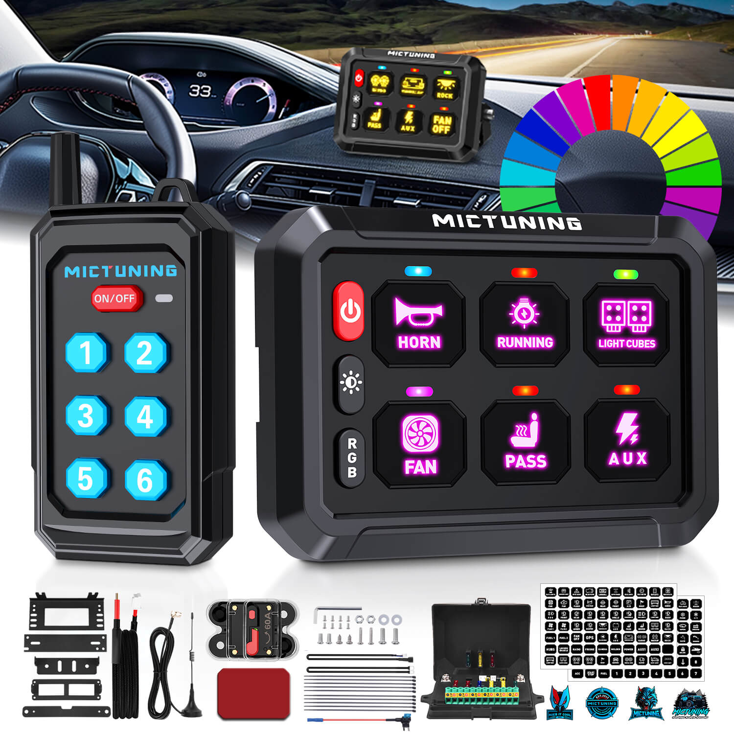 MICTUNING P1Y RGB Switch Panel with Remote Control Range Up to 230FT, 6/8/12 Gang