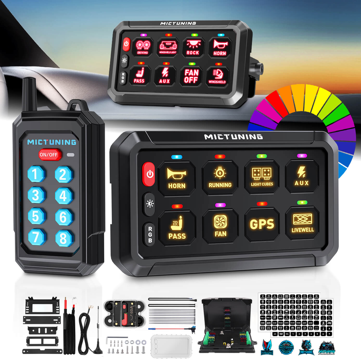 P1Y RGB Switch Panel with Remote Control Range Up to 230FT, 6/8/12 Gang, Multifunction Toggle Momentary Strobe Pulsed Switch