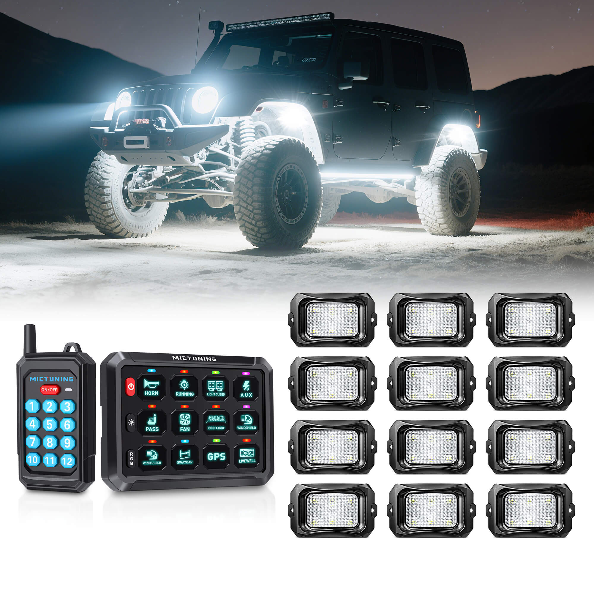 P1Y RGB Switch Panel with Remote Control Bundle with C2 RGBW LED Rock Lights Kit 8-16 Pods