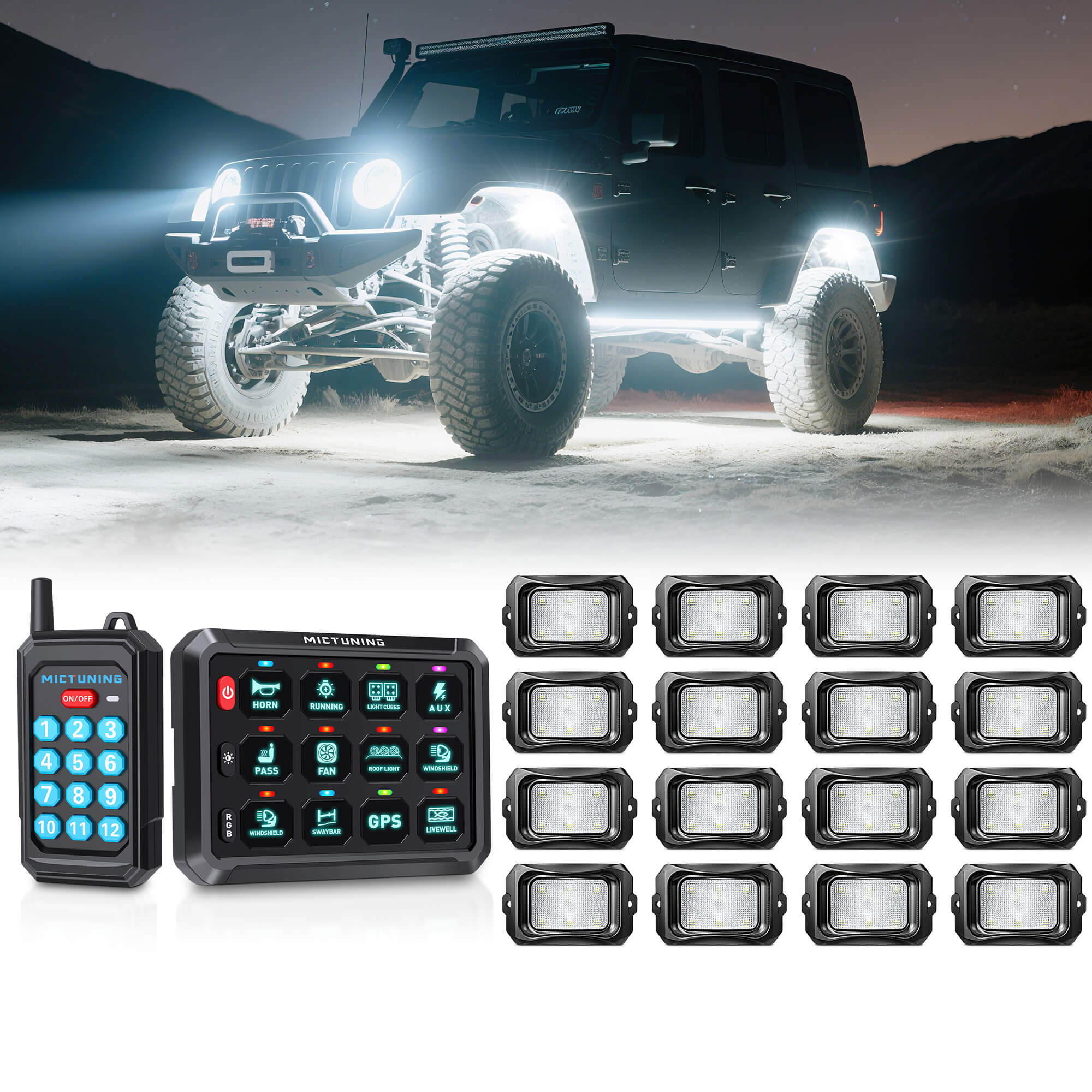 P1Y RGB Switch Panel with Remote Control Bundle with C2 RGBW LED Rock Lights Kit 8-16 Pods