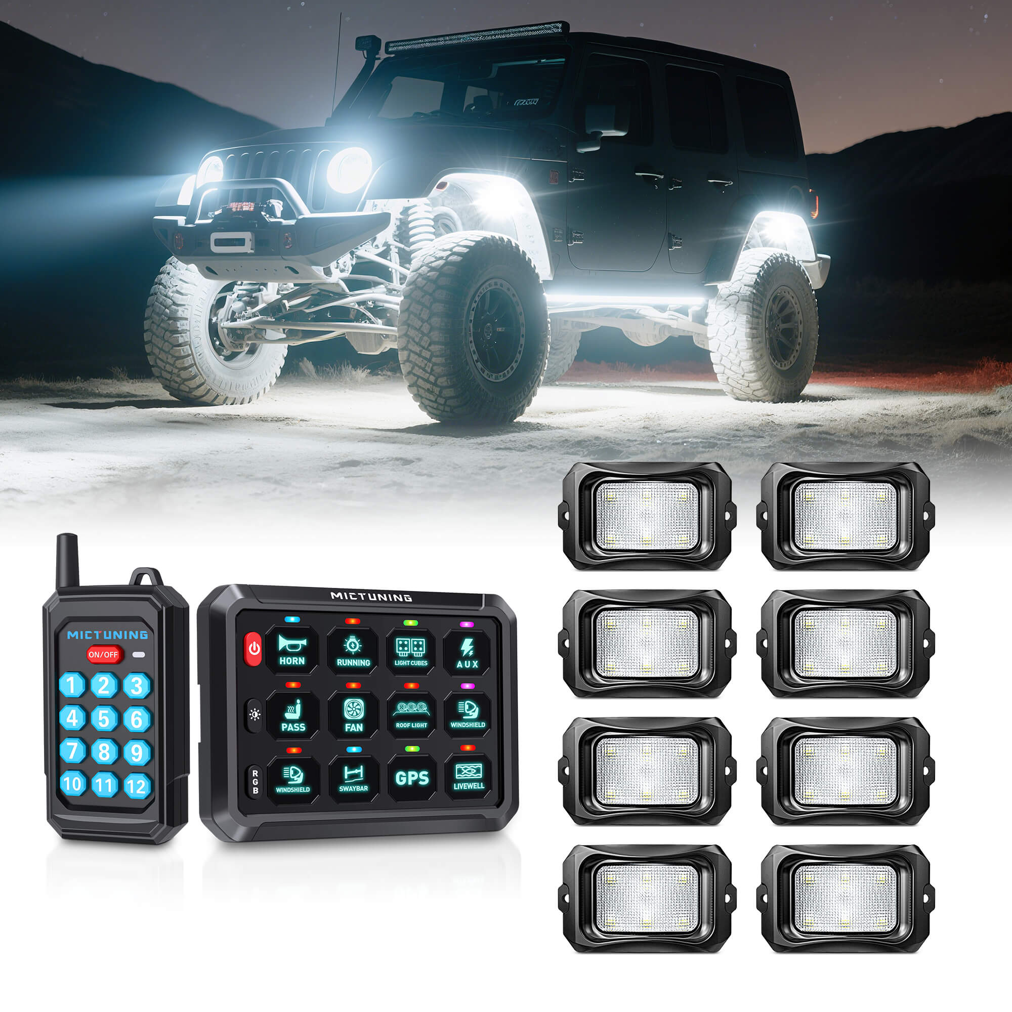 P1Y RGB Switch Panel with Remote Control Bundle with C2 RGBW LED Rock Lights Kit 8-16 Pods