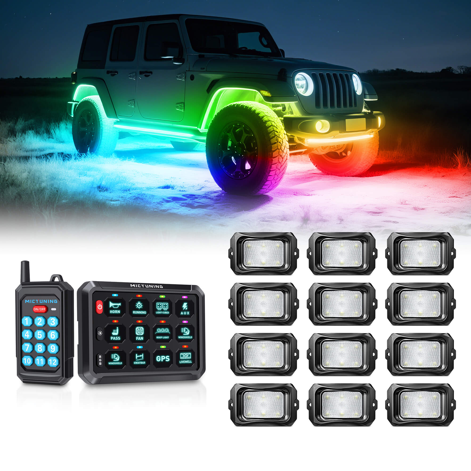 P1Y RGB Switch Panel with Remote Control Bundle with C2 RGB+IC LED Rock Lights Kit 8-24 Pods