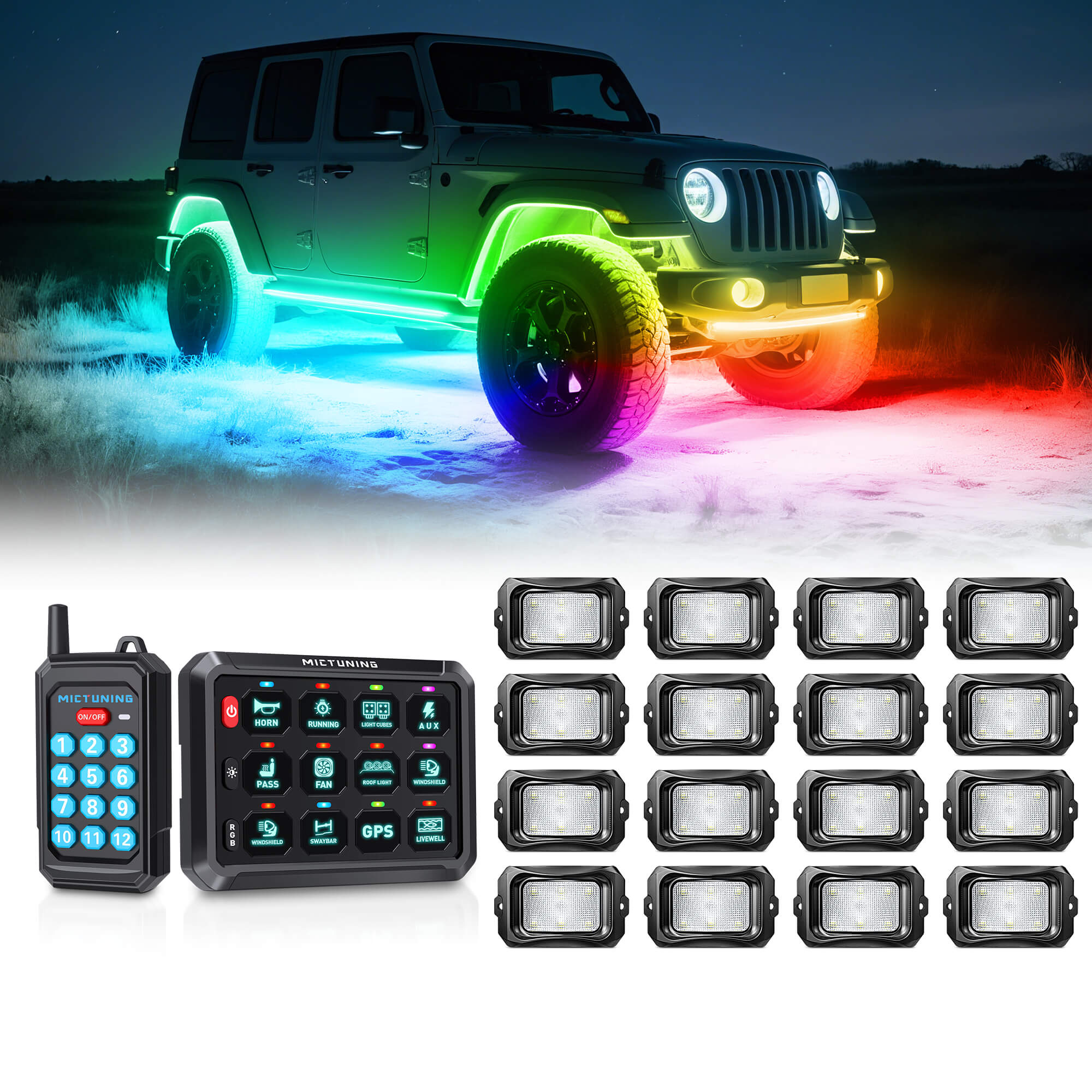 P1Y RGB Switch Panel with Remote Control Bundle with C2 RGB+IC LED Rock Lights Kit 8-24 Pods