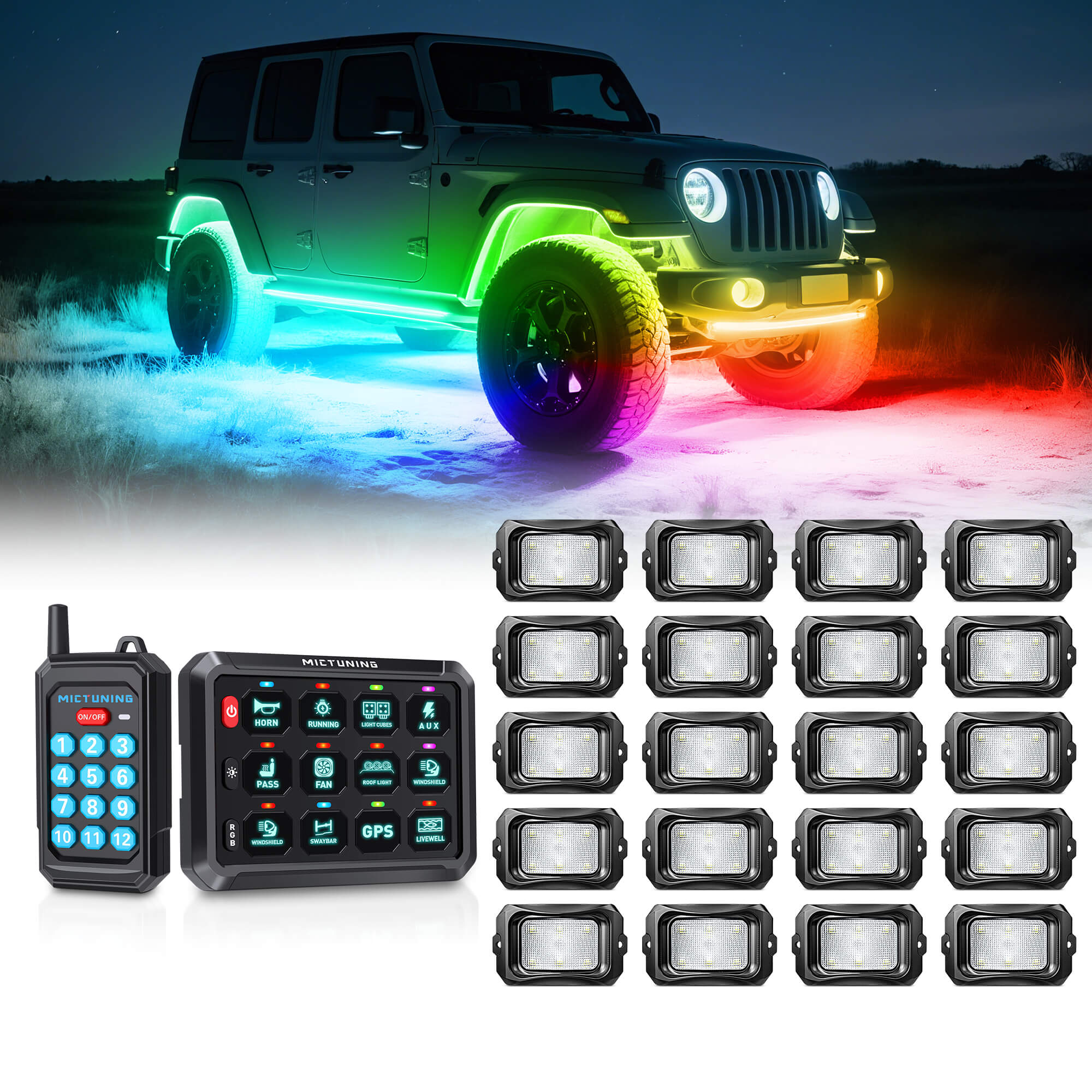 P1Y RGB Switch Panel with Remote Control Bundle with C2 RGB+IC LED Rock Lights Kit 8-24 Pods
