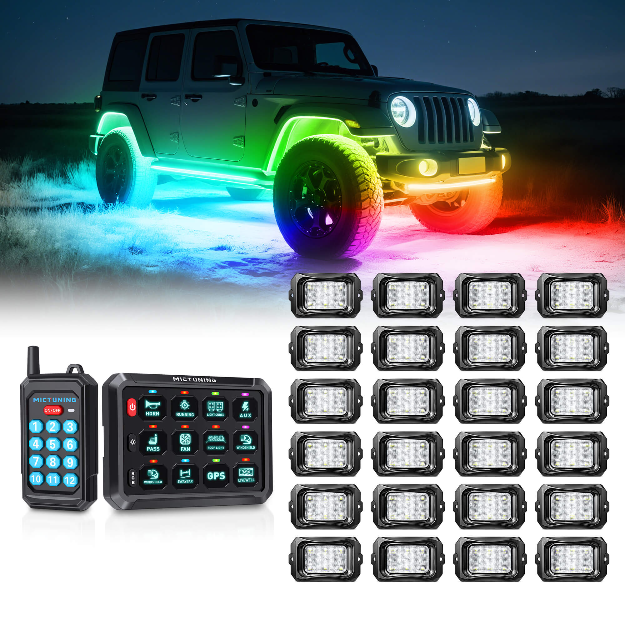 P1Y RGB Switch Panel with Remote Control Bundle with C2 RGB+IC LED Rock Lights Kit 8-24 Pods
