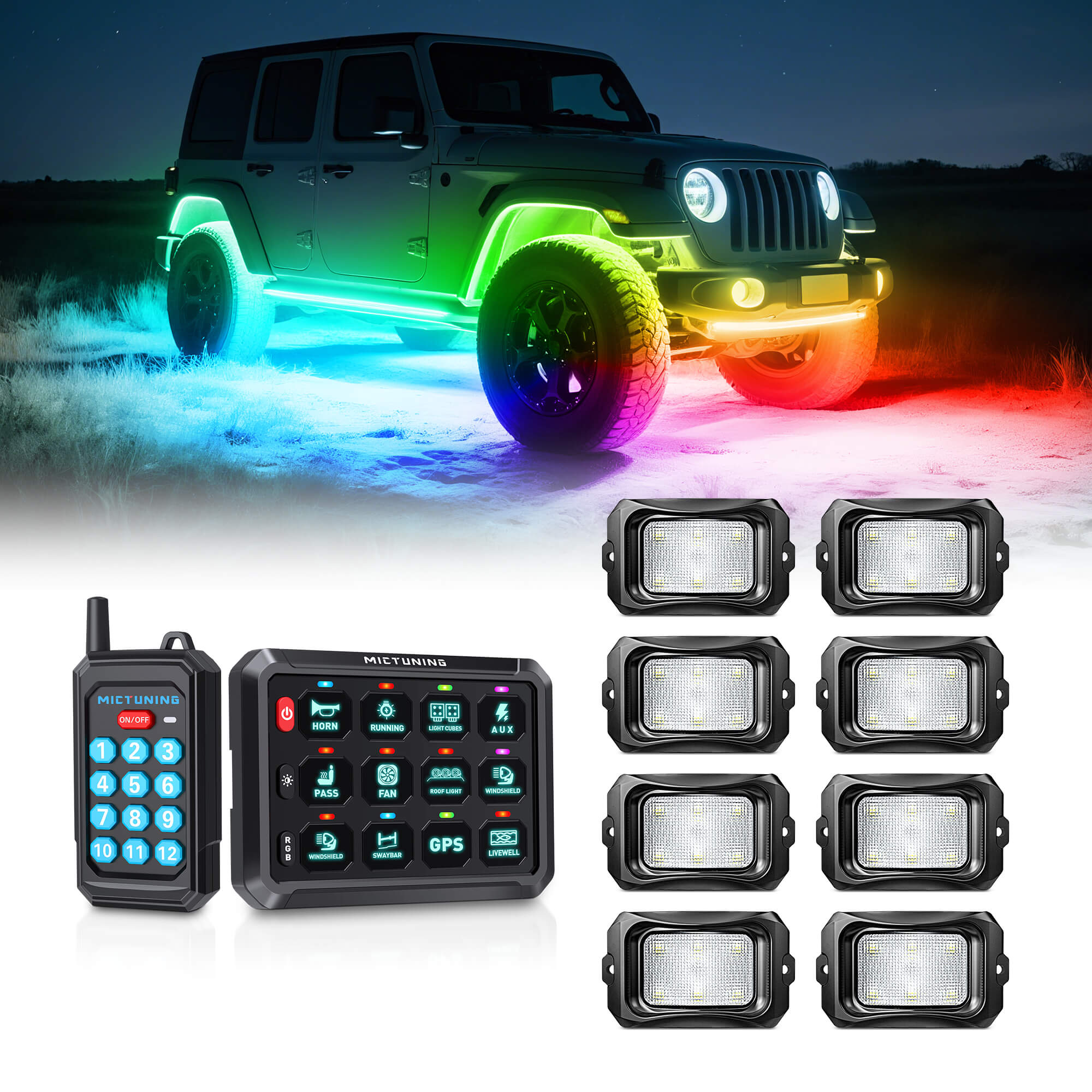P1Y RGB Switch Panel with Remote Control Bundle with C2 RGB+IC LED Rock Lights Kit 8-24 Pods
