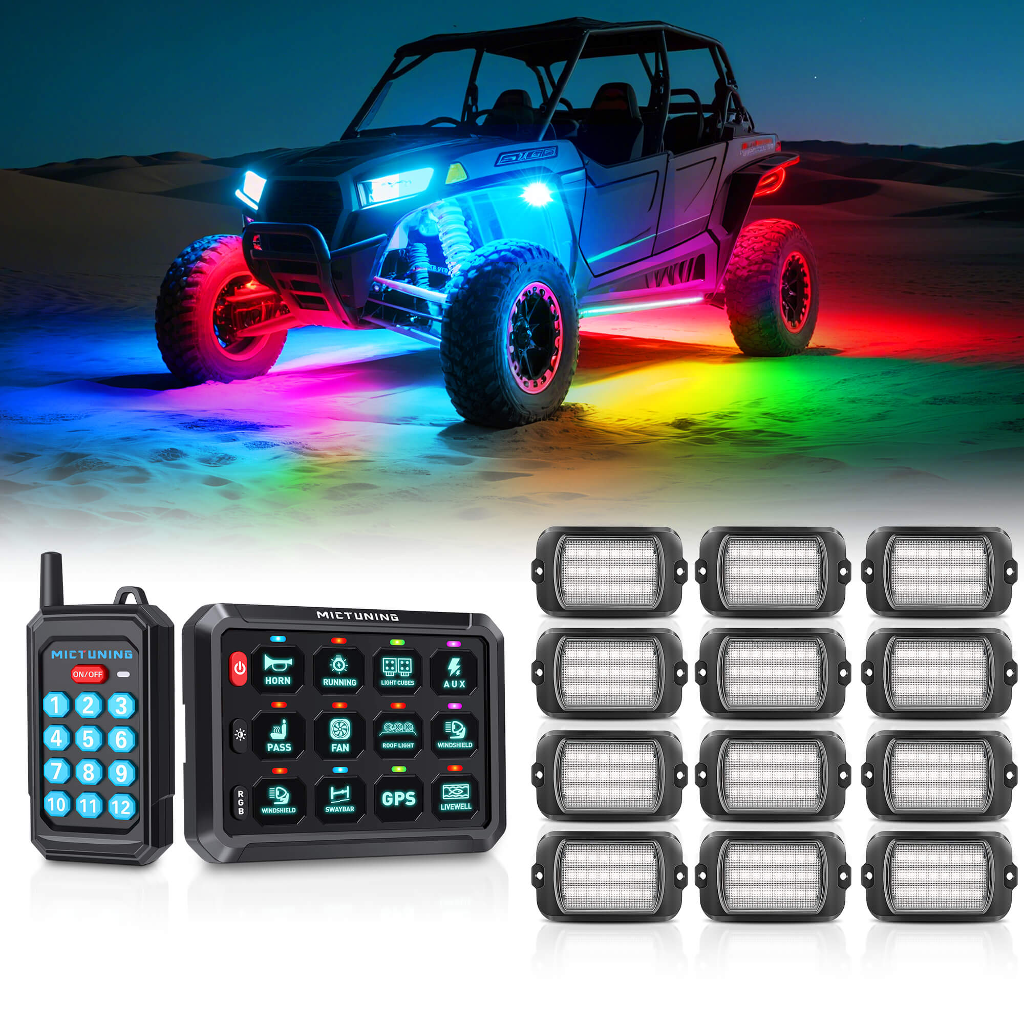 P1Y RGB Switch Panel with Remote Control Bundle with Q1 Max RGB+IC Rock Lights Kit 24LEDs/Pod Super Bright, 8-24 Pods