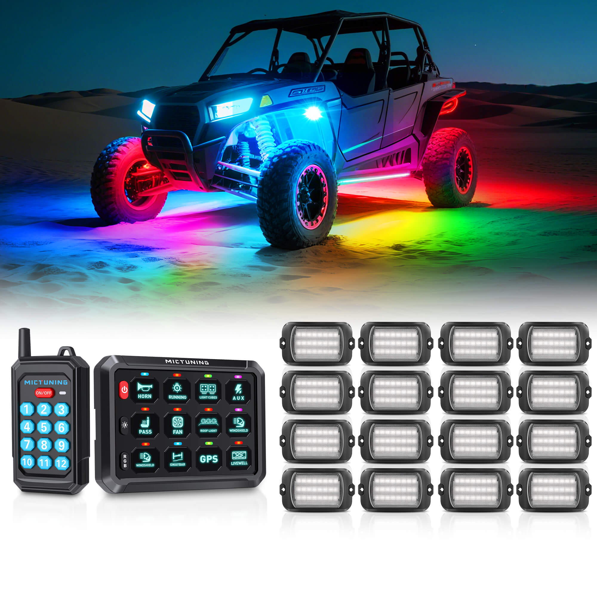 P1Y RGB Switch Panel with Remote Control Bundle with Q1 Max RGB+IC Rock Lights Kit 24LEDs/Pod Super Bright, 8-24 Pods