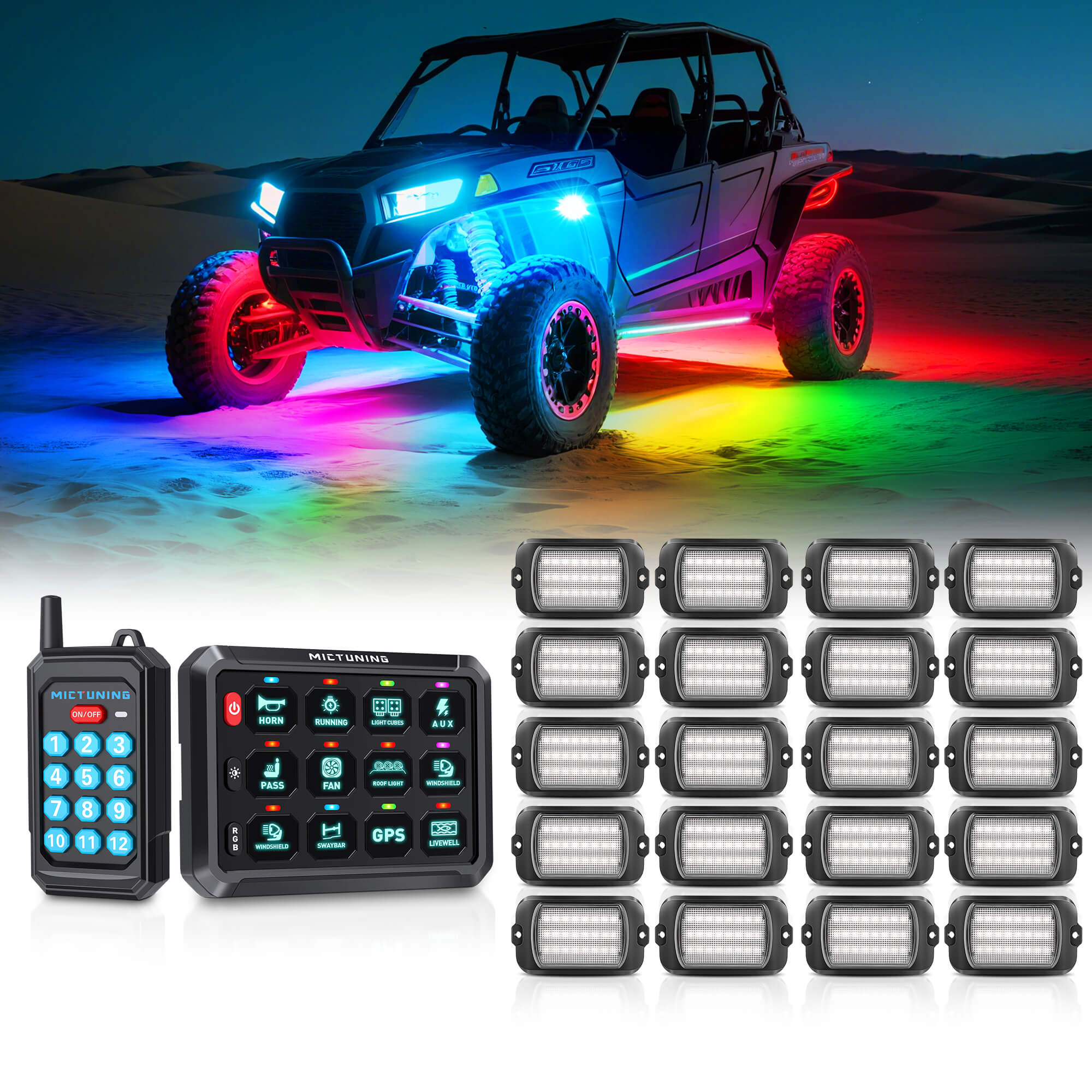 P1Y RGB Switch Panel with Remote Control Bundle with Q1 Max RGB+IC Rock Lights Kit 24LEDs/Pod Super Bright, 8-24 Pods
