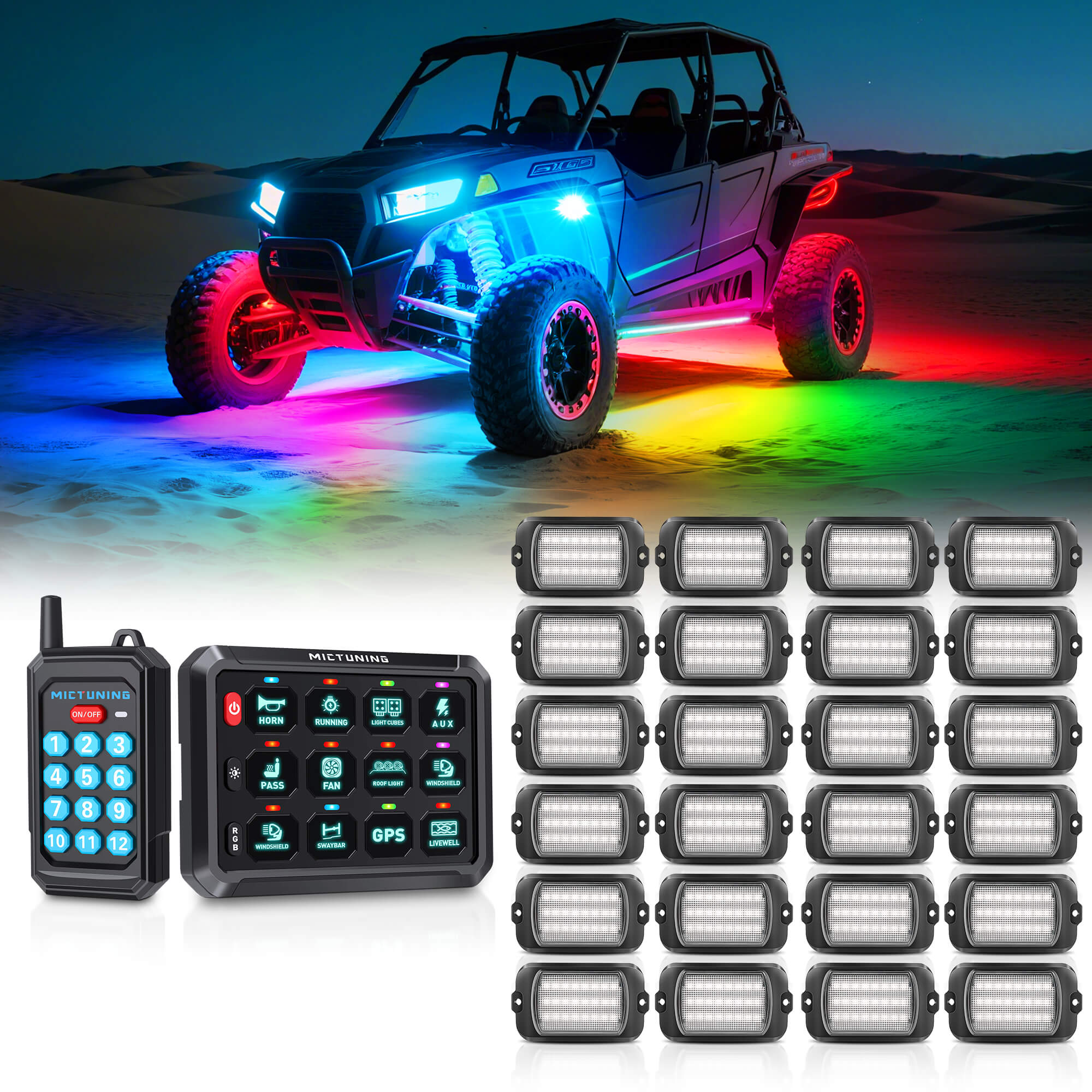 P1Y RGB Switch Panel with Remote Control Bundle with Q1 Max RGB+IC Rock Lights Kit 24LEDs/Pod Super Bright, 8-24 Pods