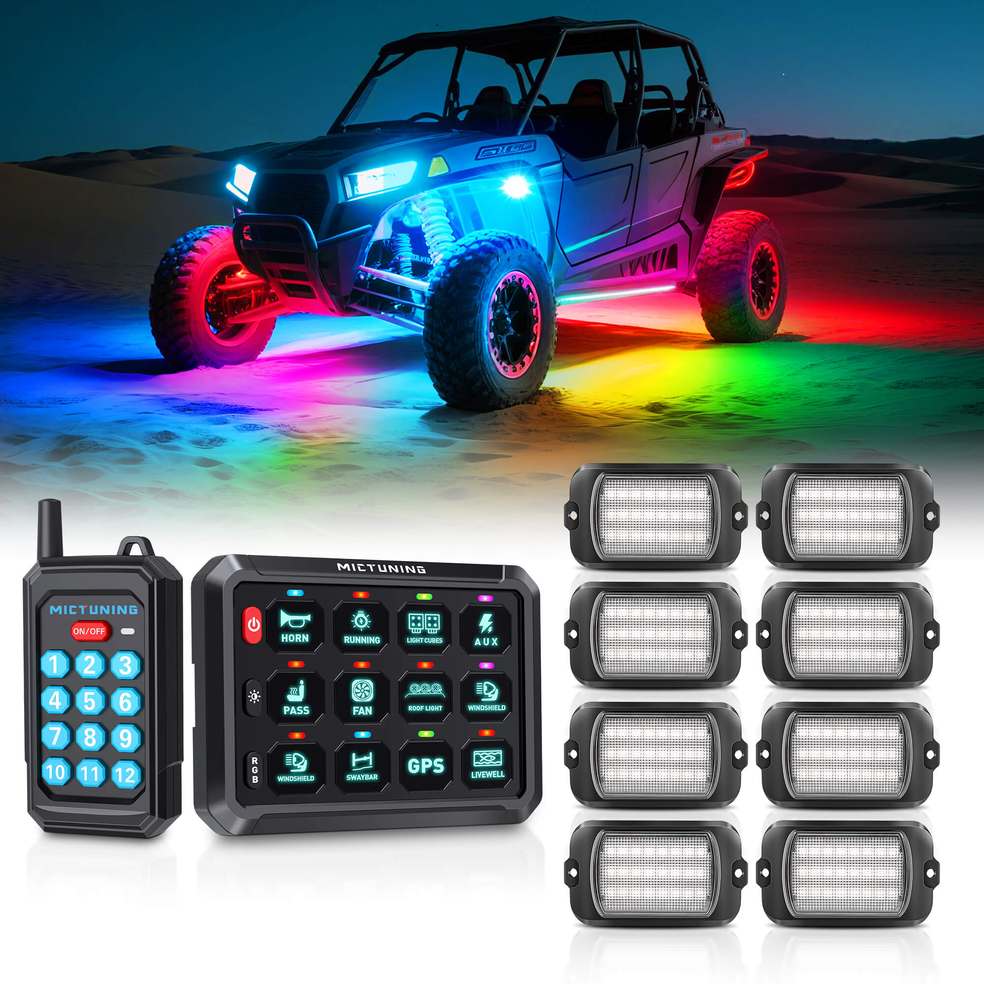 P1Y RGB Switch Panel with Remote Control Bundle with Q1 Max RGB+IC Rock Lights Kit 24LEDs/Pod Super Bright, 8-24 Pods