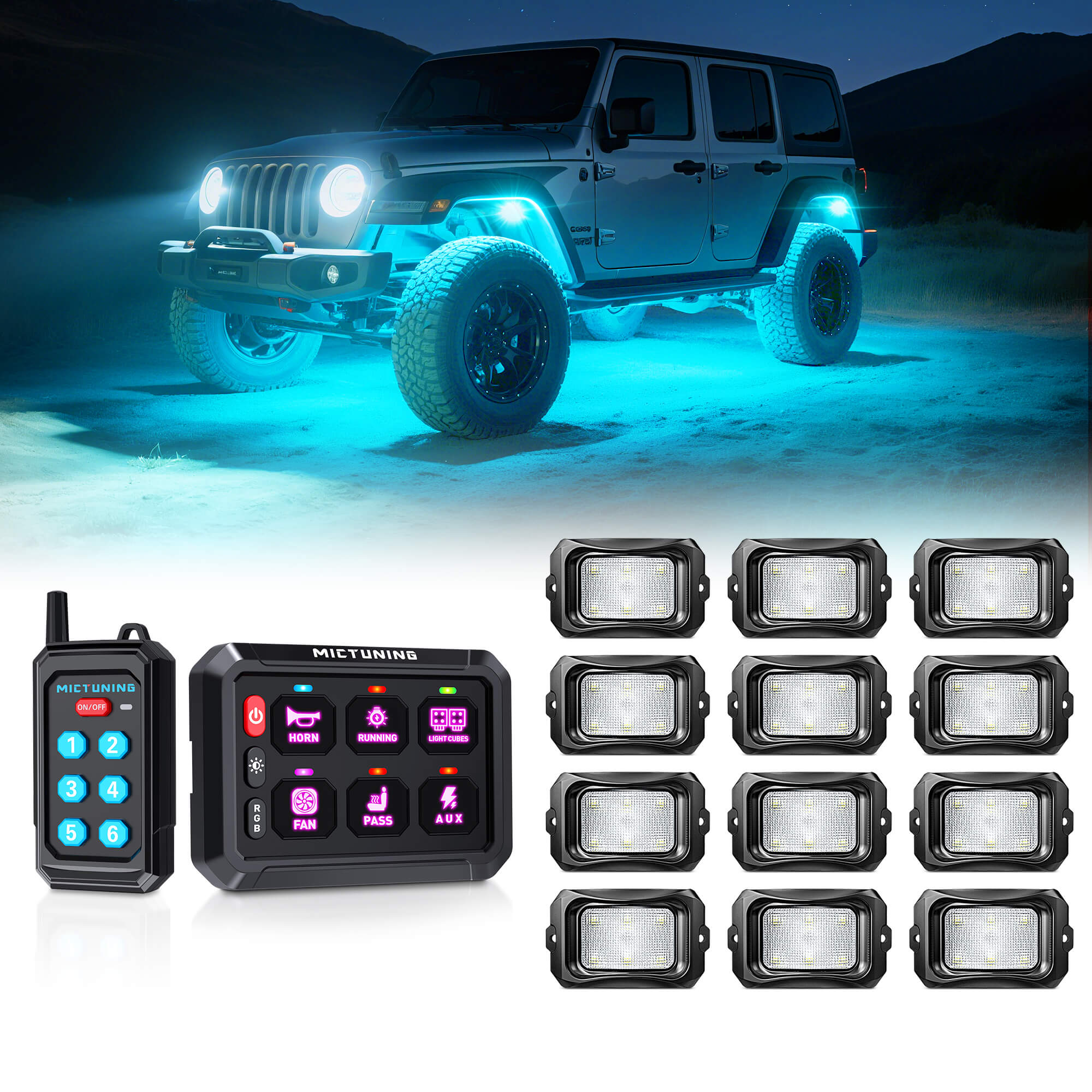 P1Y RGB Switch Panel with Remote Control Bundle with C2 RGBW LED Rock Lights Kit 8-16 Pods