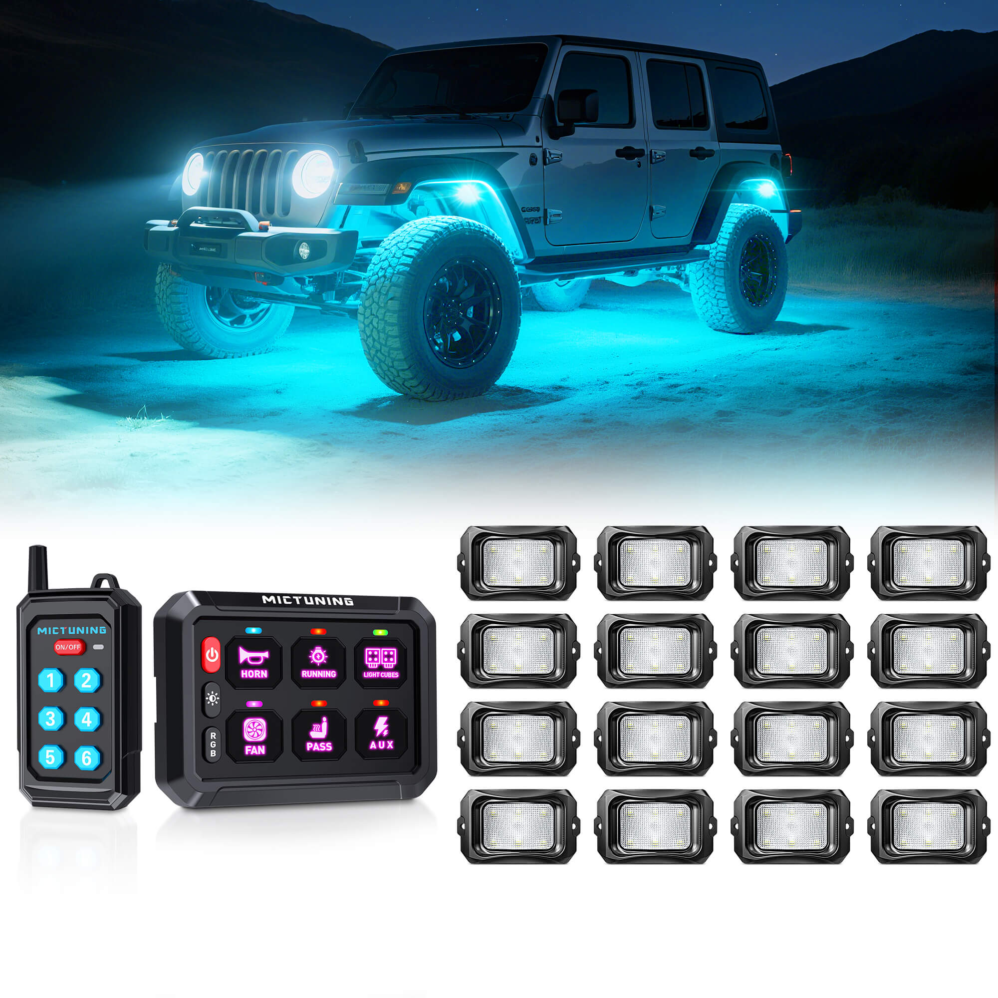 P1Y RGB Switch Panel with Remote Control Bundle with C2 RGBW LED Rock Lights Kit 8-16 Pods