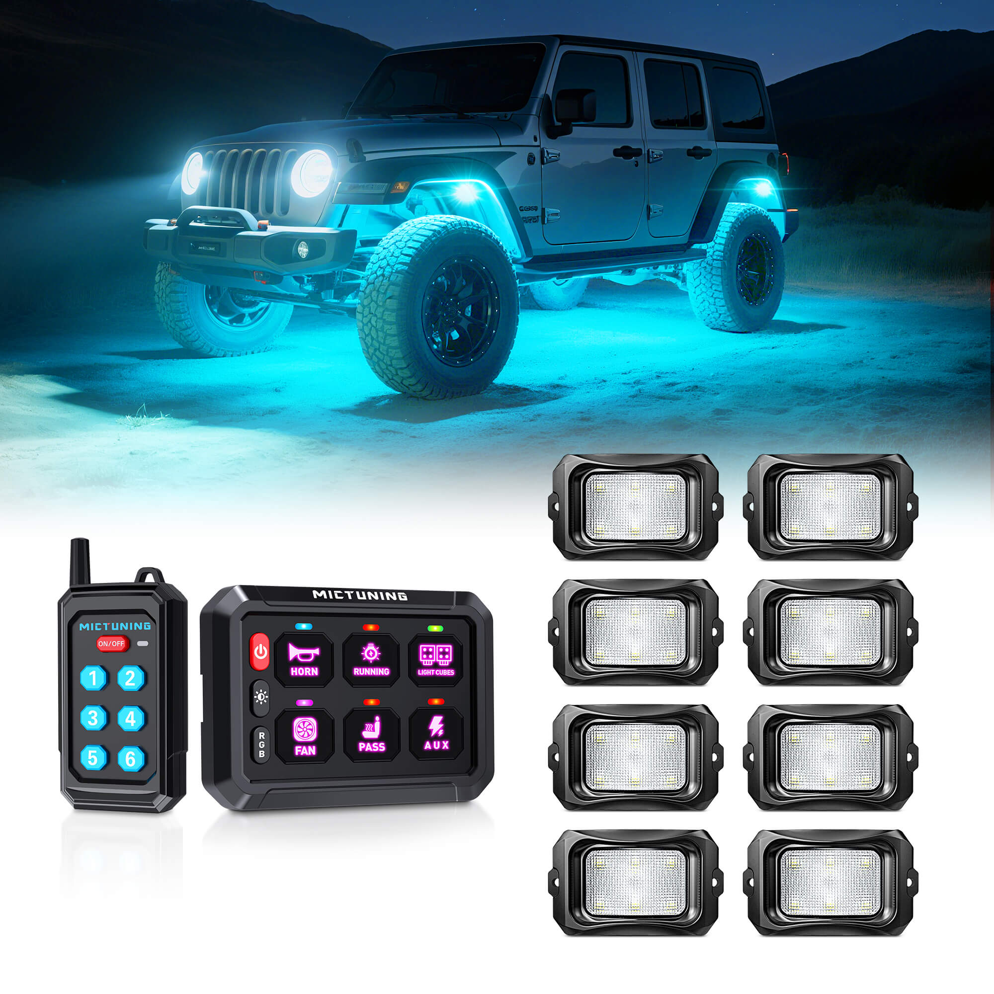 P1Y RGB Switch Panel with Remote Control Bundle with C2 RGBW LED Rock Lights Kit 8-16 Pods