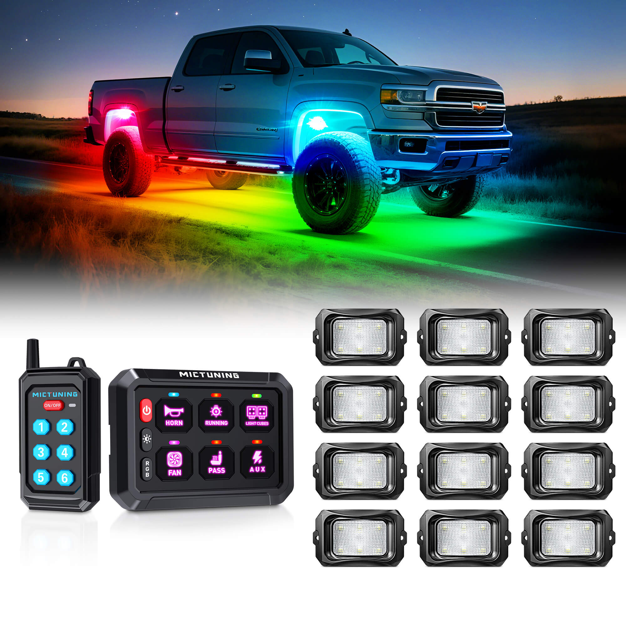 P1Y RGB Switch Panel with Remote Control Bundle with C2 RGB+IC LED Rock Lights Kit 8-24 Pods