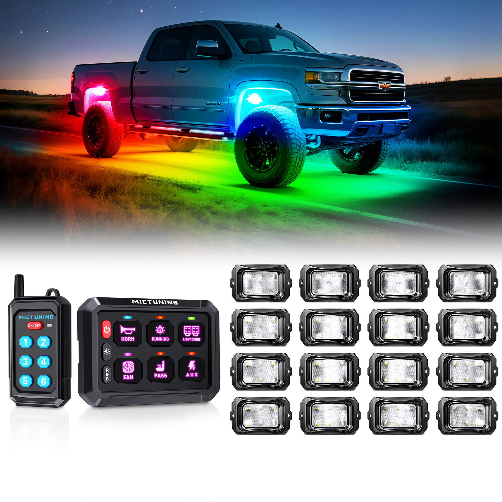 P1Y RGB Switch Panel with Remote Control Bundle with C2 RGB+IC LED Rock Lights Kit 8-24 Pods
