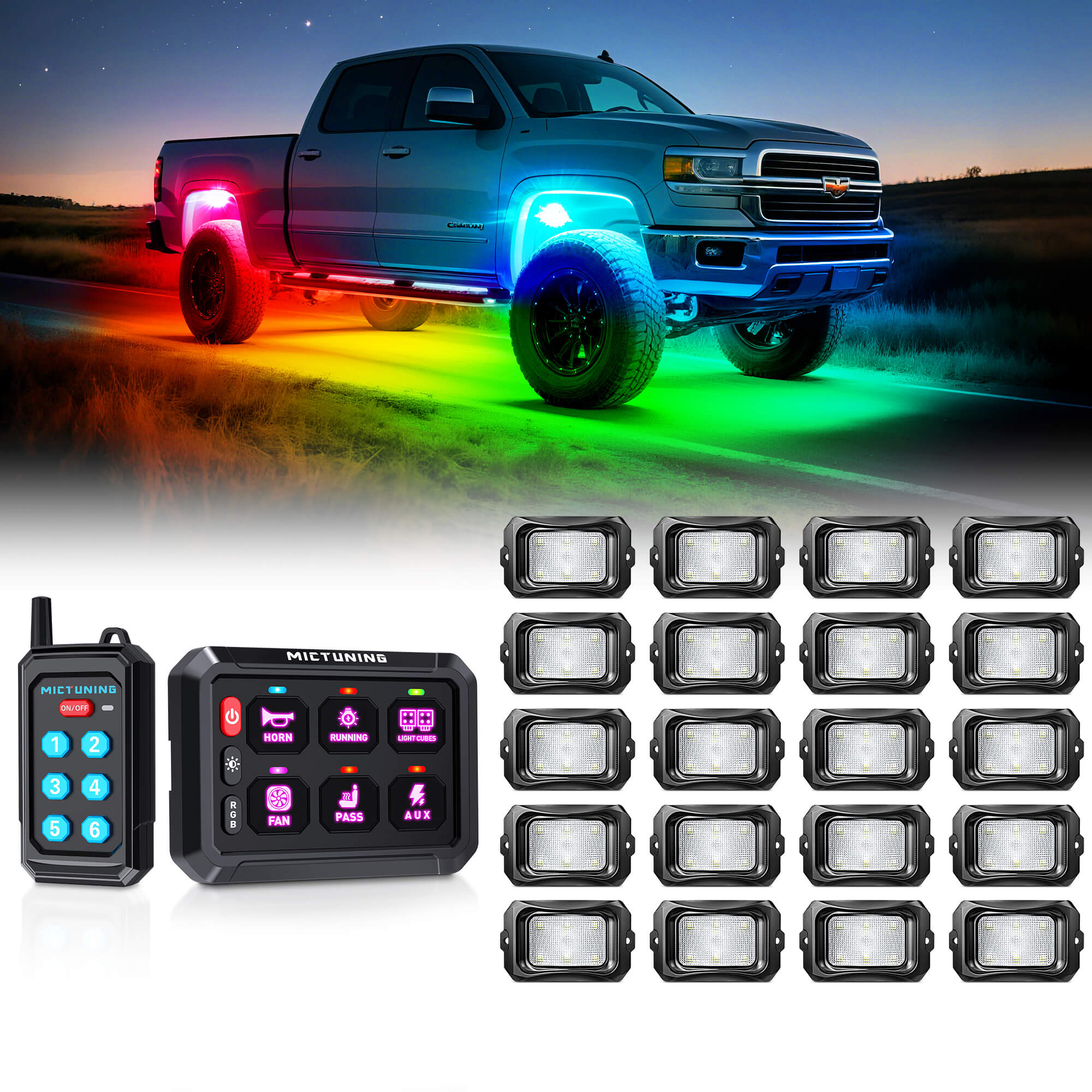 P1Y RGB Switch Panel with Remote Control Bundle with C2 RGB+IC LED Rock Lights Kit 8-24 Pods