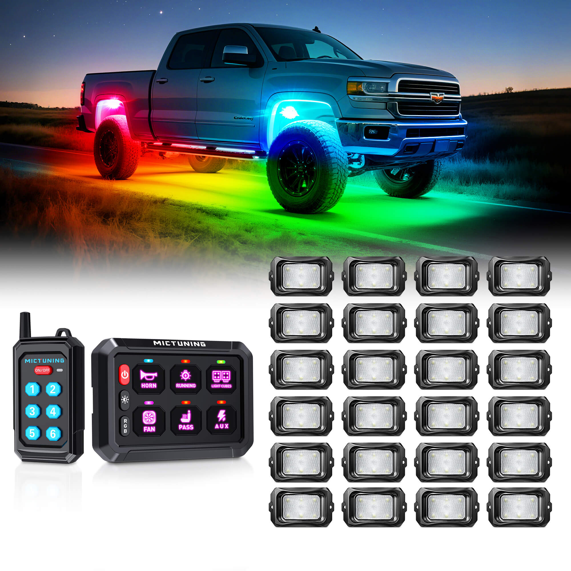 P1Y RGB Switch Panel with Remote Control Bundle with C2 RGB+IC LED Rock Lights Kit 8-24 Pods