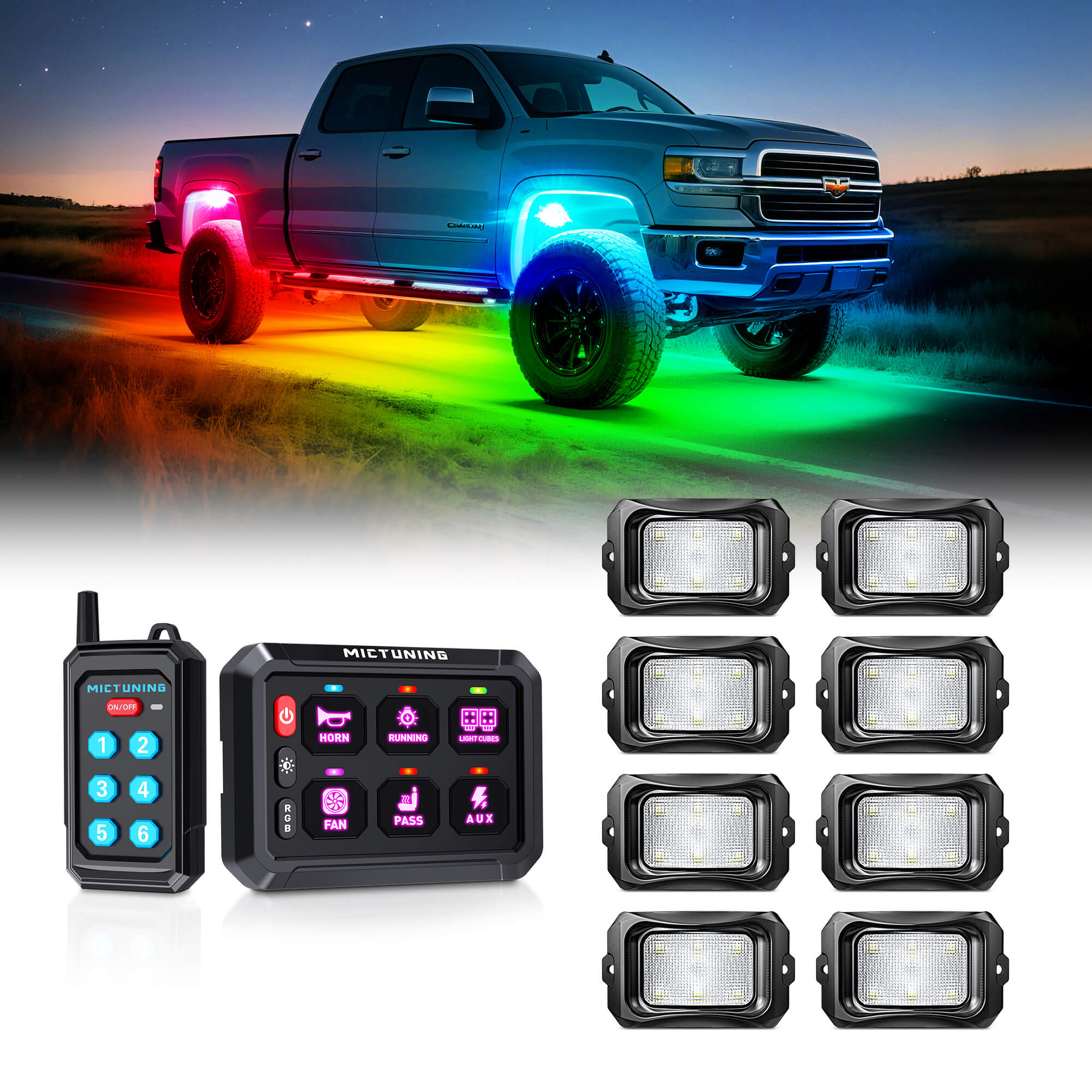 P1Y RGB Switch Panel with Remote Control Bundle with C2 RGB+IC LED Rock Lights Kit 8-24 Pods