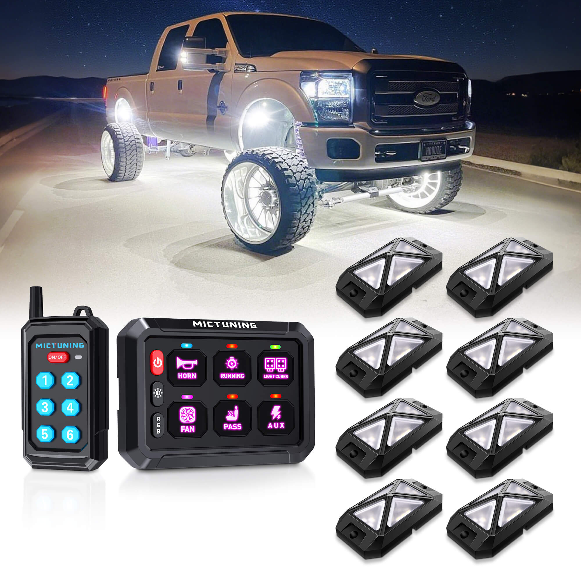 C4 4-Sided RGBW LED Rock Lights 8-16 Pods Bundle with P1s RGB Switch Panel with Remote Control Range Up to 230FT, 6/8/12 Gang