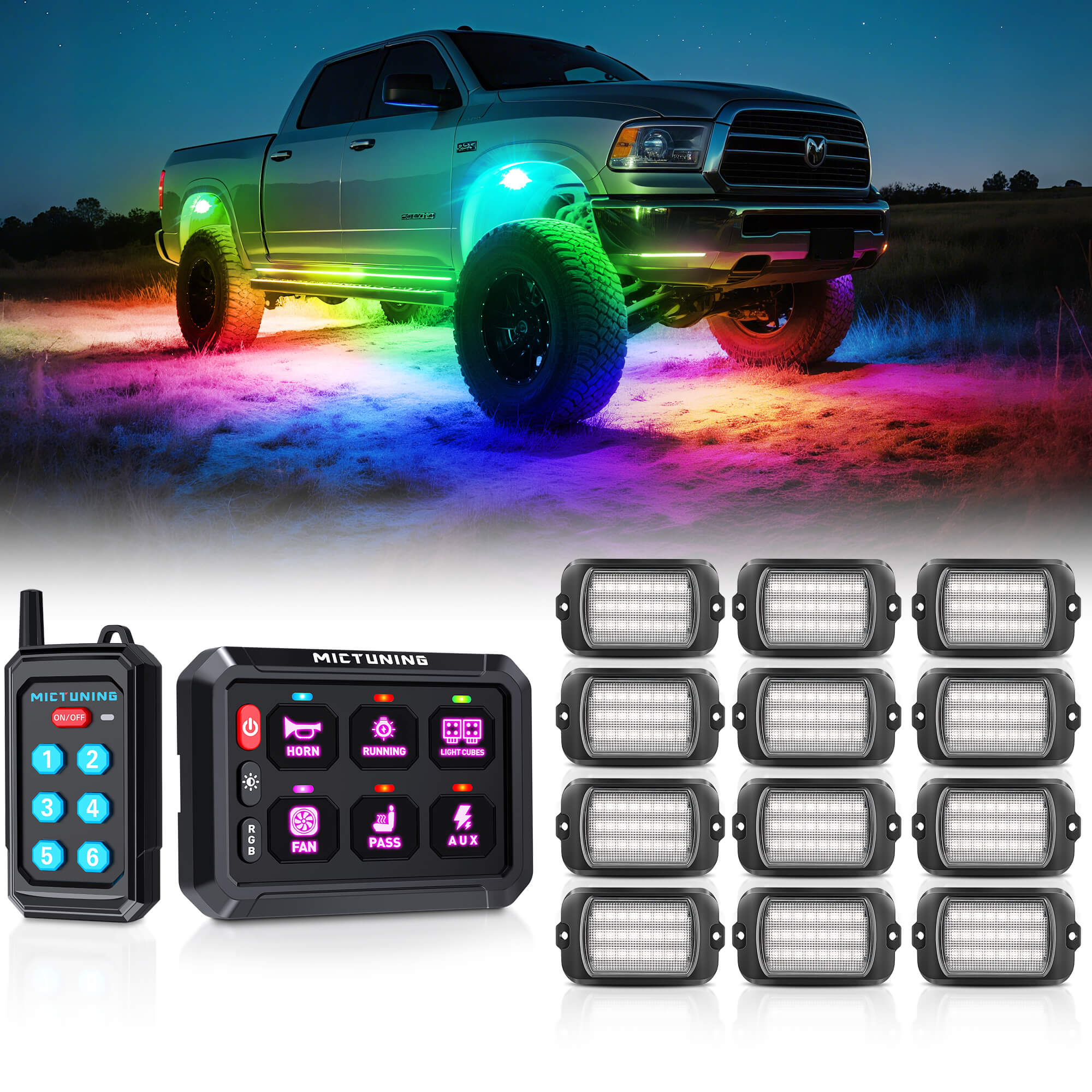 P1Y RGB Switch Panel with Remote Control Bundle with Q1 Max RGB+IC Rock Lights Kit 24LEDs/Pod Super Bright, 8-24 Pods