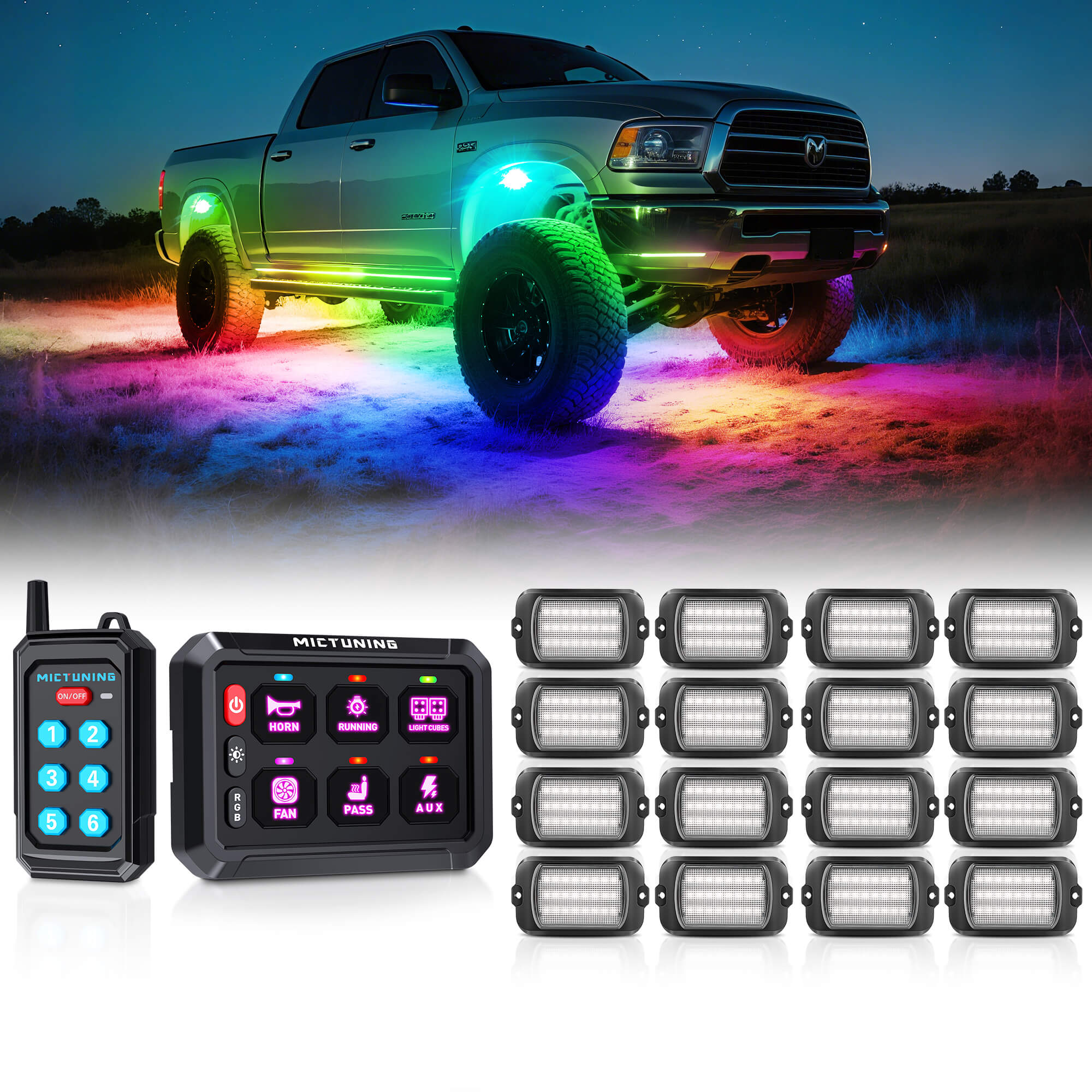 P1Y RGB Switch Panel with Remote Control Bundle with Q1 Max RGB+IC Rock Lights Kit 24LEDs/Pod Super Bright, 8-24 Pods
