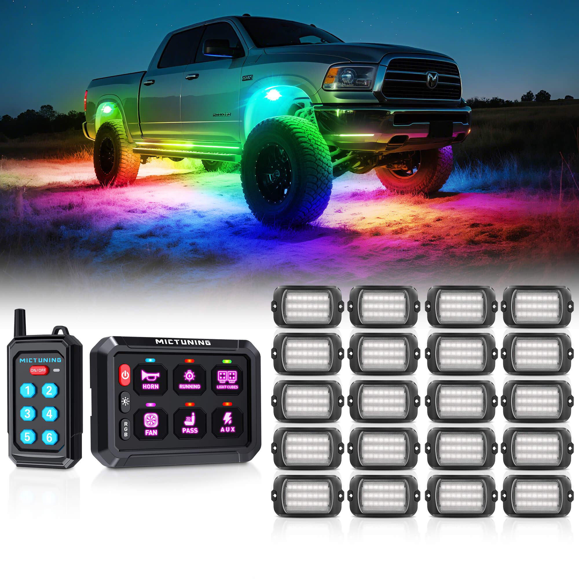 P1Y RGB Switch Panel with Remote Control Bundle with Q1 Max RGB+IC Rock Lights Kit 24LEDs/Pod Super Bright, 8-24 Pods