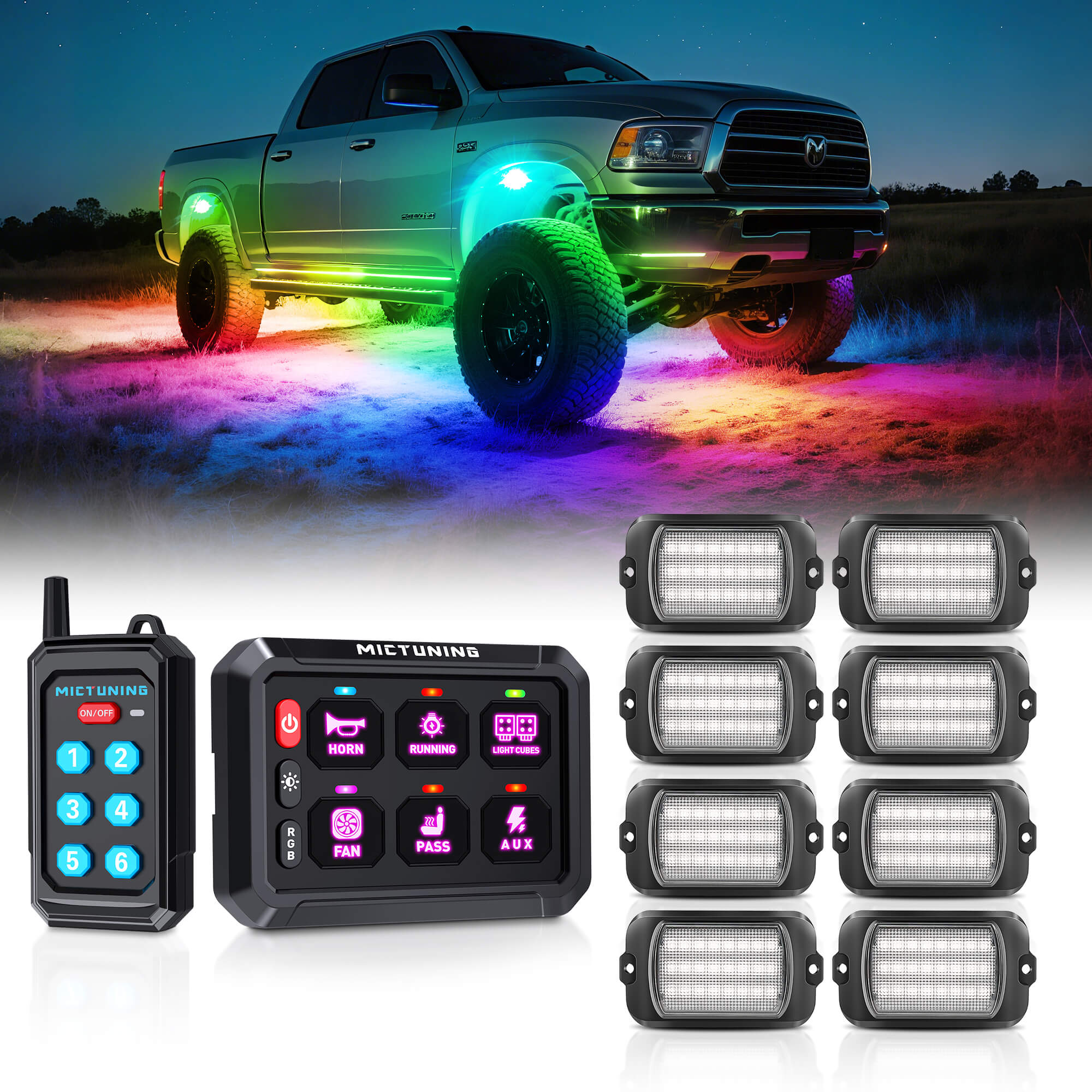 P1Y RGB Switch Panel with Remote Control Bundle with Q1 Max RGB+IC Rock Lights Kit 24LEDs/Pod Super Bright, 8-24 Pods