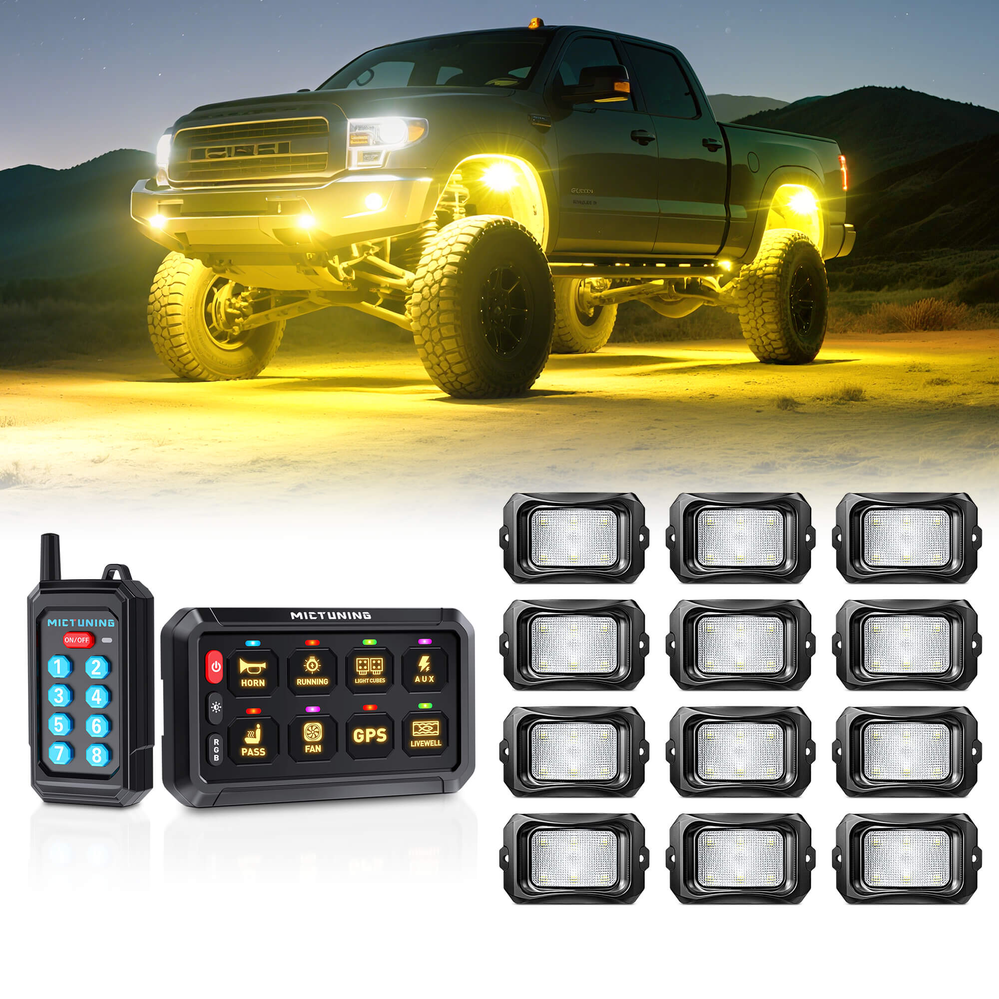 P1Y RGB Switch Panel with Remote Control Bundle with C2 RGBW LED Rock Lights Kit 8-16 Pods