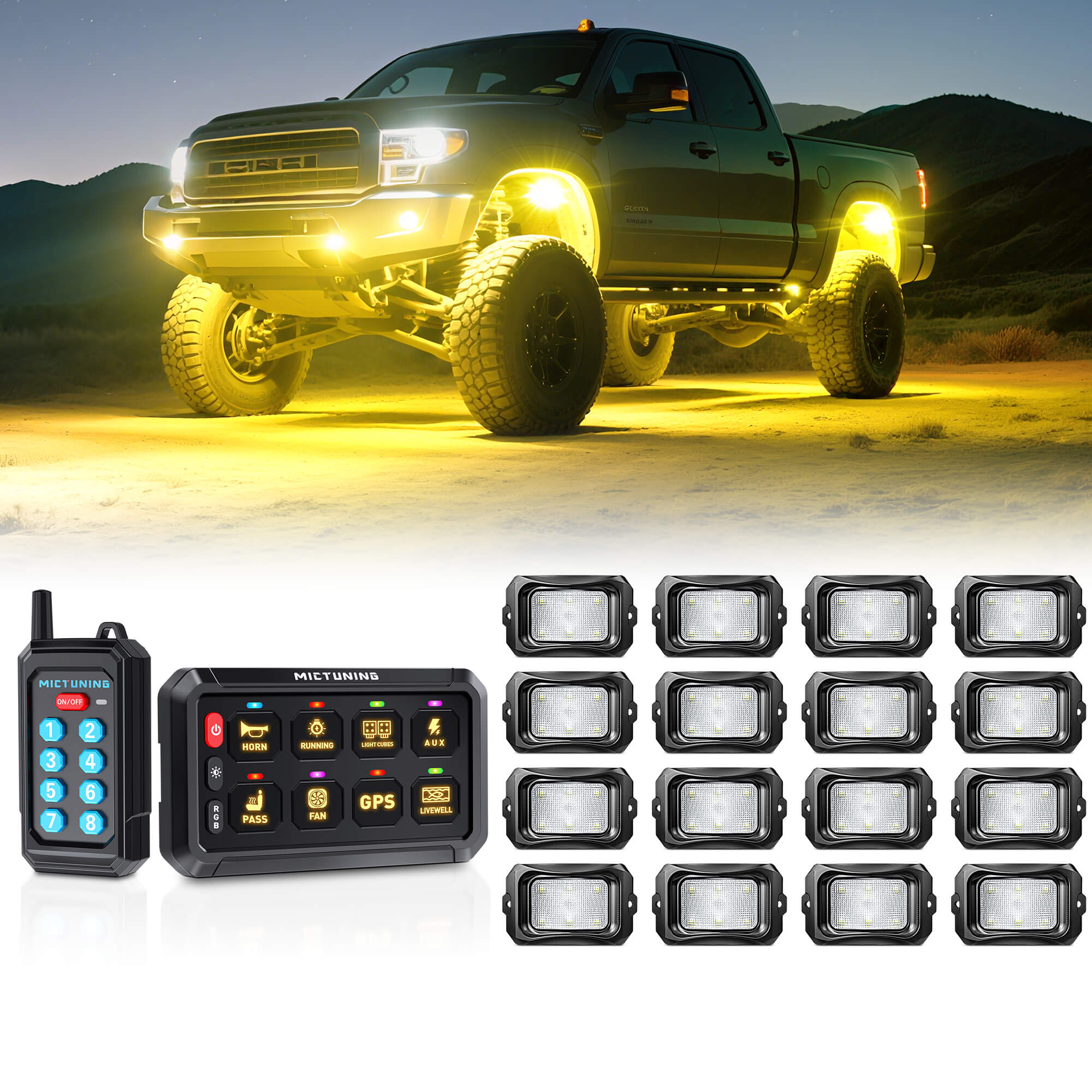 P1Y RGB Switch Panel with Remote Control Bundle with C2 RGBW LED Rock Lights Kit 8-16 Pods