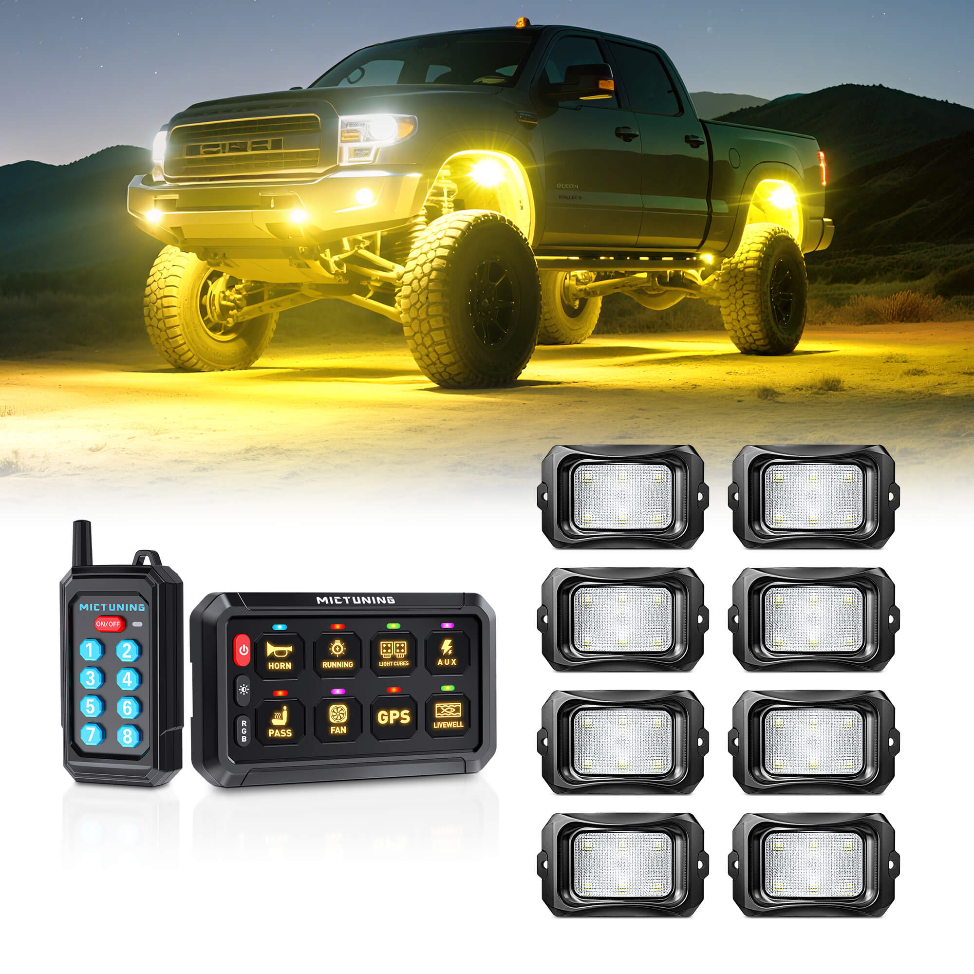 P1Y RGB Switch Panel with Remote Control Bundle with C2 RGBW LED Rock Lights Kit 8-16 Pods