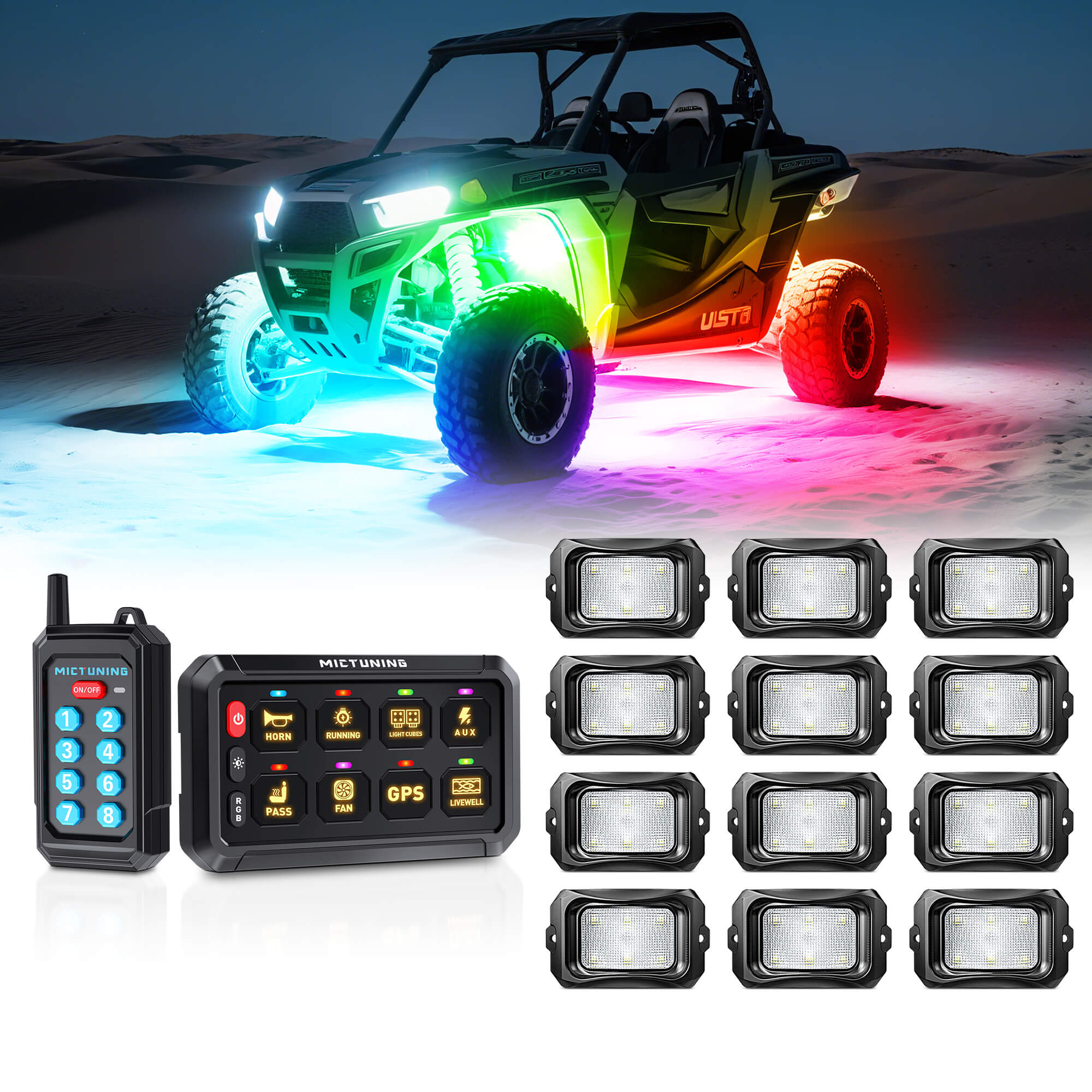 P1Y RGB Switch Panel with Remote Control Bundle with C2 RGB+IC LED Rock Lights Kit 8-24 Pods