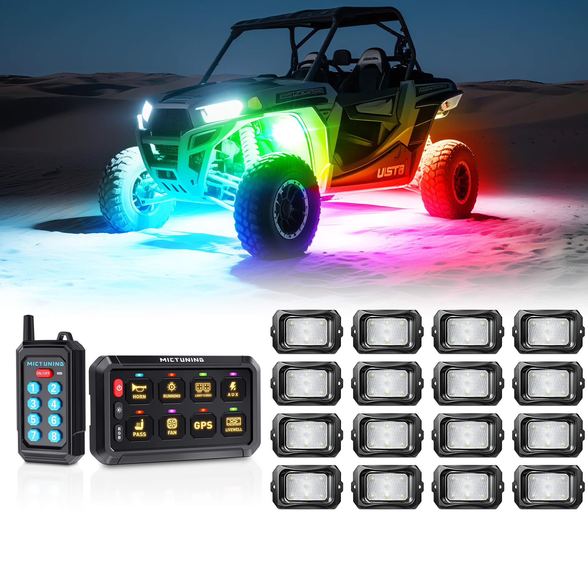 P1Y RGB Switch Panel with Remote Control Bundle with C2 RGB+IC LED Rock Lights Kit 8-24 Pods