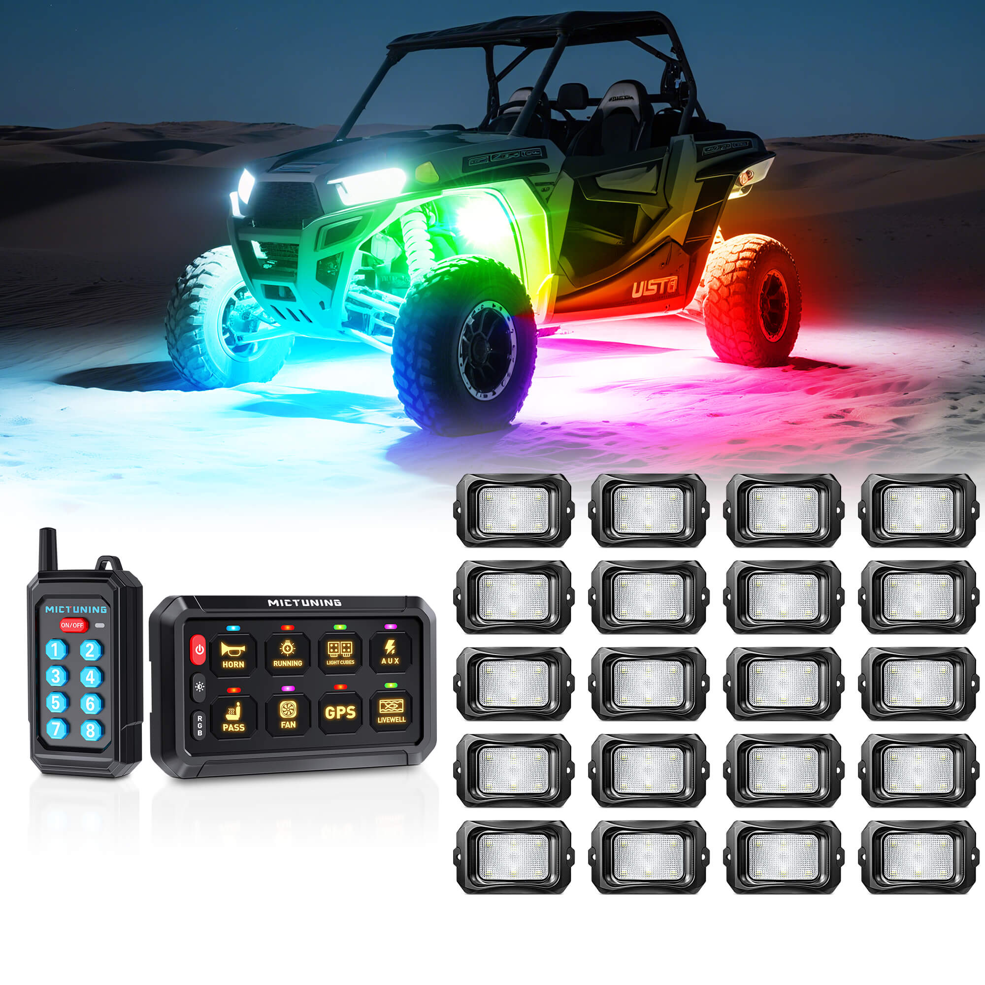 P1Y RGB Switch Panel with Remote Control Bundle with C2 RGB+IC LED Rock Lights Kit 8-24 Pods